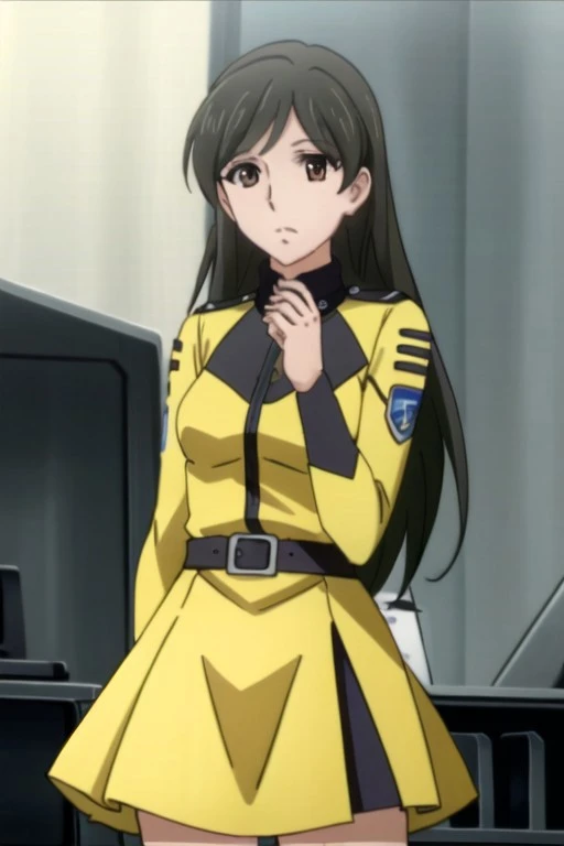 (masterpiece), saijo miki, black hair, brown eyes, long hair, 1girl, solo, dress, park