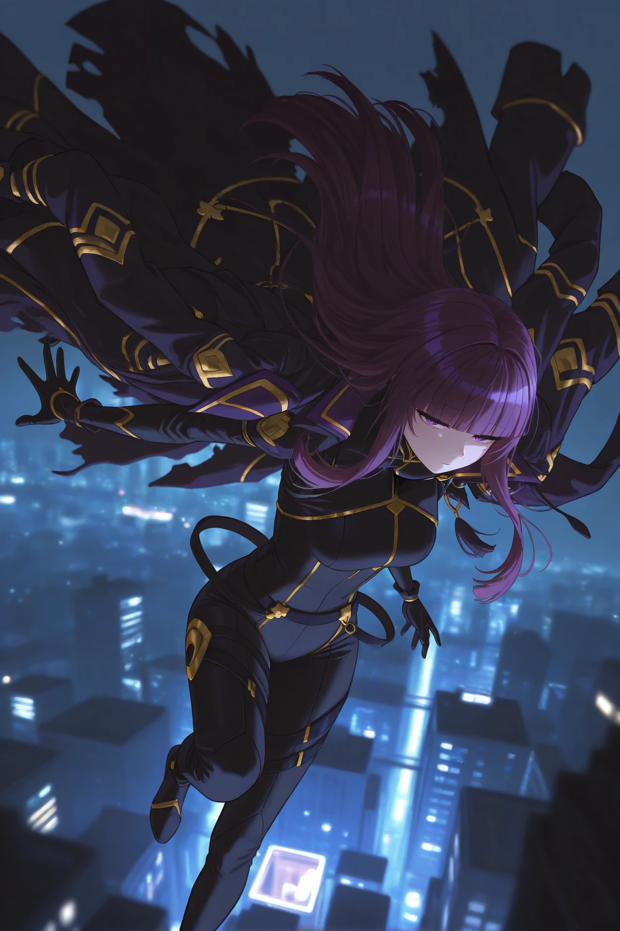 masterpiece, best quality, 1girl, solo, <lora:eta-illu-nvwls-v1-000006:1> sdeta, purple hair, blunt bangs, long hair, purple eyes, black coat on shoulders, torn coat, black bodysuit, gold trim, black gloves, black pants, falling, night, depth of field, cityscape, half-closed eyes, confused, dynamic pose, knee up, looking at viewer