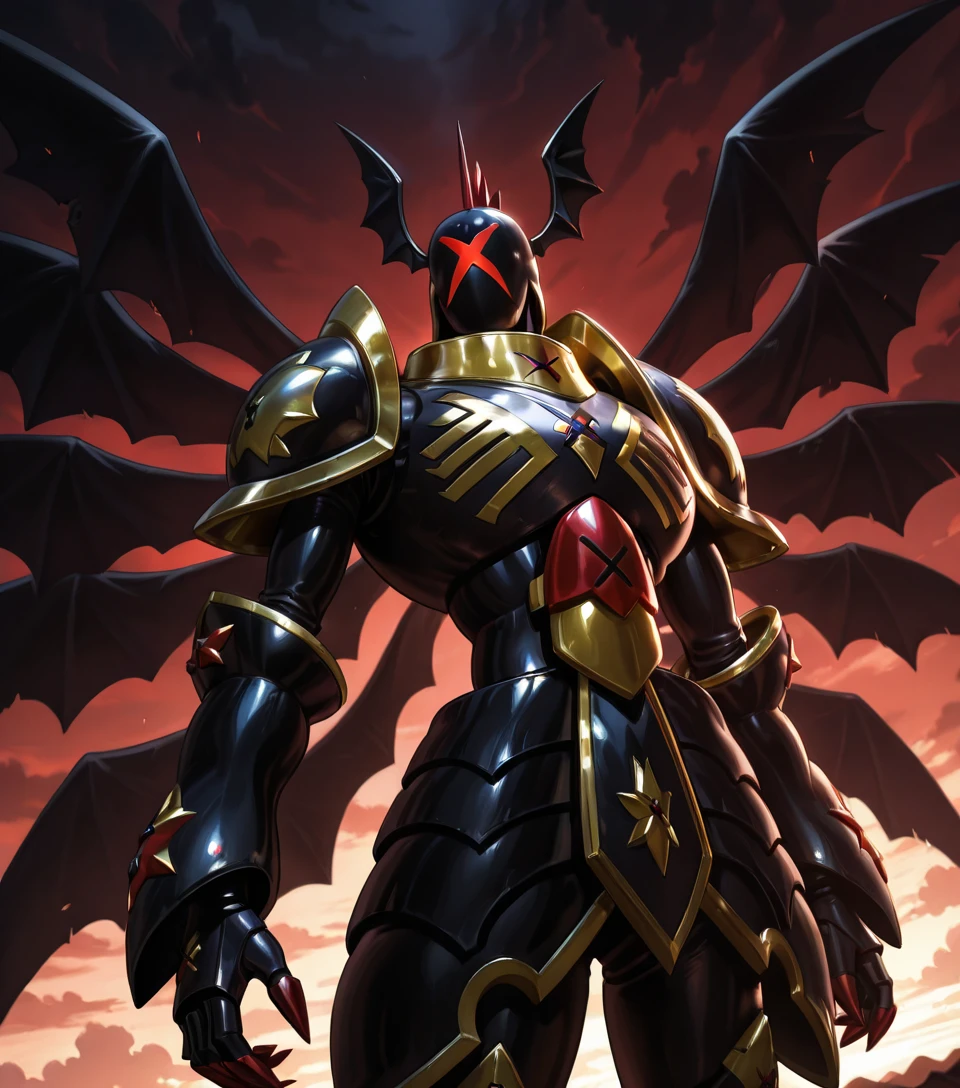 <lora:Shadowseraphimon_(Digimon)_(Illustrious)_(AD):1> Shadowseraphimon, Digimon, faceless,
8K, In'ei, chiaroscuro, volumetric lighting, photographic realism, 8K CGI render,
((5 pairs of wings, solo, clouds, asymmetric dynamic perspective action, dark anime clouds, Satanic landscape, dutch angle, evil, villain, soft detailed anime background, cowboy shot, deep metallic colors, shoulder focus, eyeless, noface, black armor with red and gold details, black plumed red helmet with black X, )),