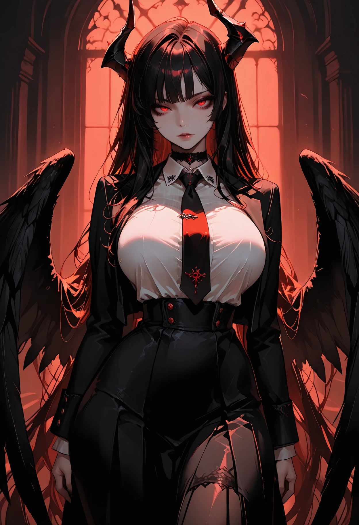IllusP0s, 1girl, adult female, horns, wide hips, black wings, red eyes, collared shirt, high waisted skirt, black blazer, tie, solo, gothic, long flowing hair, bangs, breasts, choker, detailed background, volumetric lighting <lora:PeatV1:1>