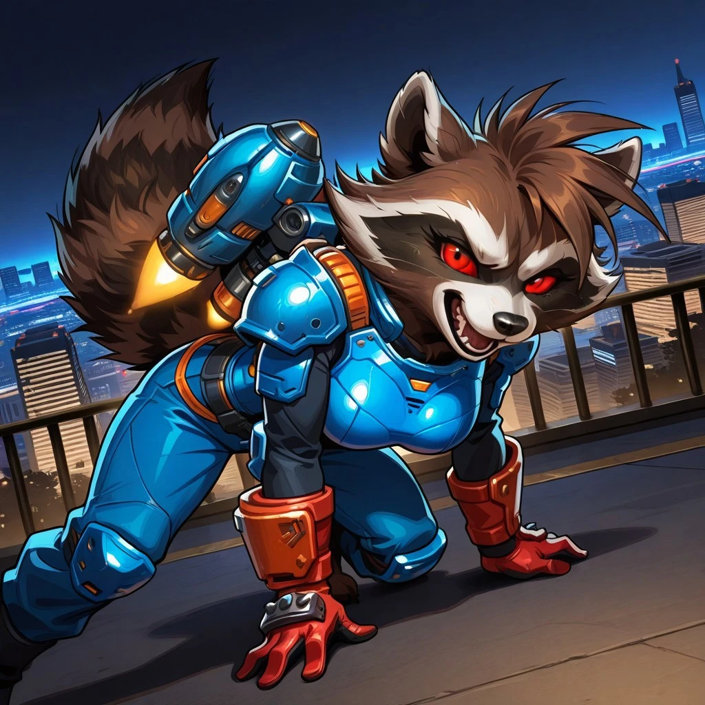 highres, hi res, best quality, masterpiece, intricate details, absurdres, 4k, solo, 1girl, rocket_raccoon, furry, anthro, raccoon, brown body, brown fur, red sclera, red eyes, black nose, fluffy tail, sharp teeth, fangs, clothed, blue armor, blue pants, red gloves, gloves, jetpack, female, large breasts, short, city background, night, on top of the building, standing, legs apart, leaning forward, holding gun, gun, open mouth, three quarter view, dutch angle, looking at viewer, action view, action pose, one hand on ground,
