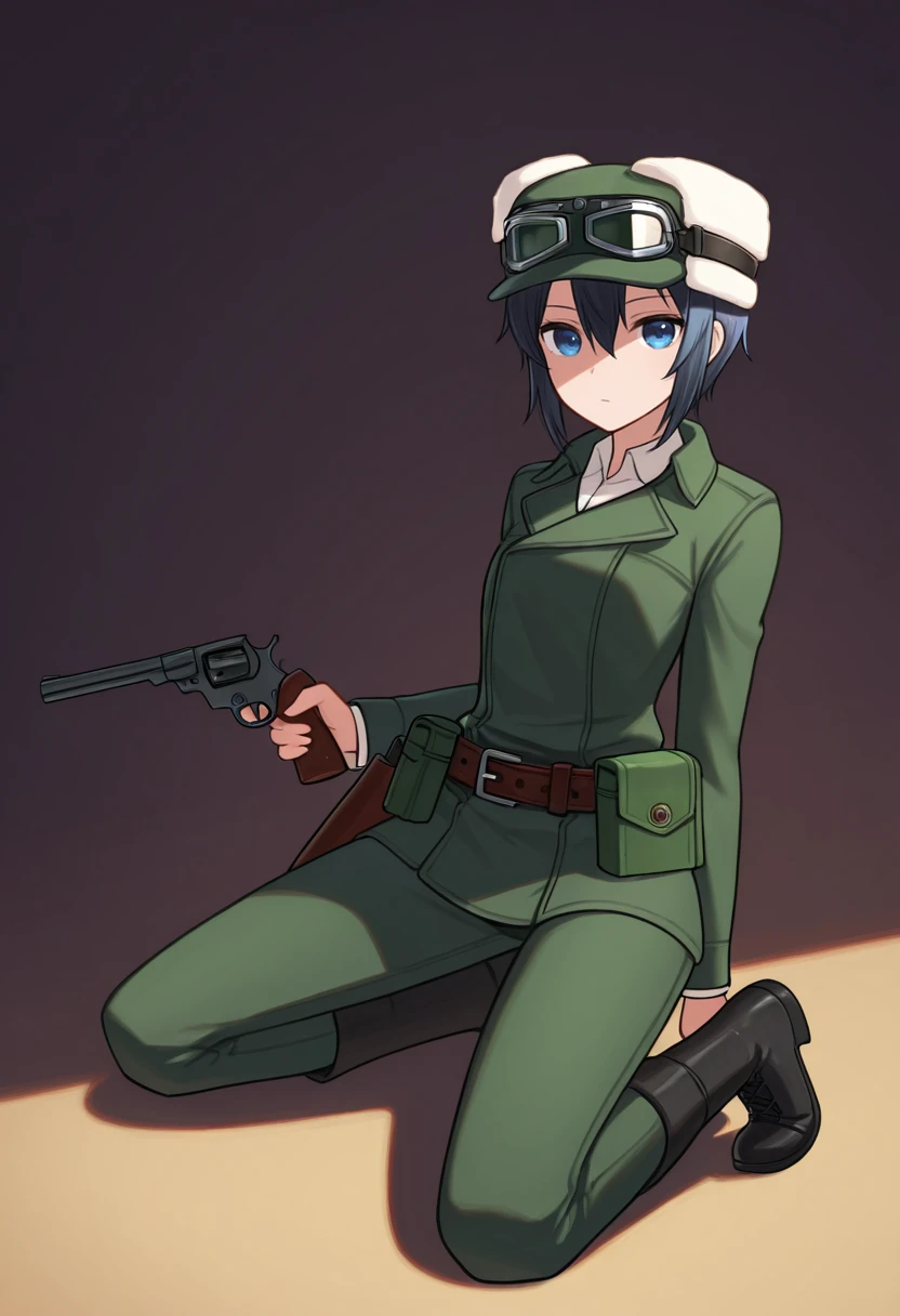 ambient occlusion, raytracing, Masterwork, KinoJNT, 1girl, weapon, gun, handgun, solo, fur hat, hat, revolver, green pants, goggles on headwear, short hair, goggles, holding weapon, holster, coat, holding, holding gun, pouch, green jacket, jacket, pants, hair between eyes, looking at viewer, belt, androgynous, boots, black footwear, blue eyes, kneeling, shirt, belt pouch <lora:Dramatic Lighting Slider:1> <lora:Kino_Kino_no_Tabi_Illustrious:1>