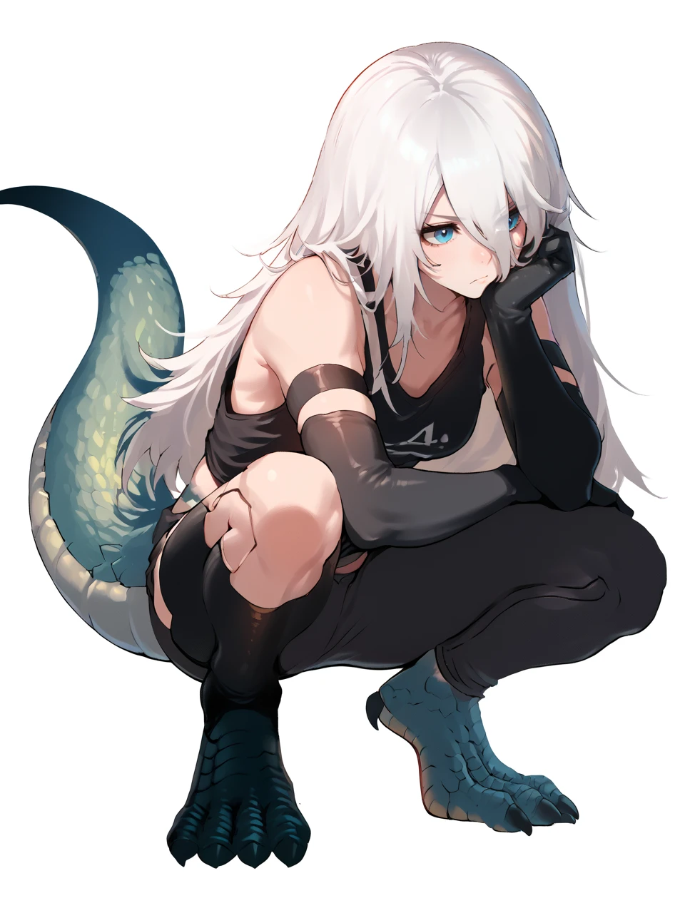 <lora:MGE_Lizard-PONY:0.8> mgelizardgirl, monster girl, scales, lizard tail, <lora:Nier_YorhaA2-PONY:0.8> nierA2def, blue eyes, android seams, tank top, elbow gloves, white hair, long hair, asymmetrical legwear, hair between the eyes, squatting, simple background, score_9, score_8_up, score_7_up, score_6_up,