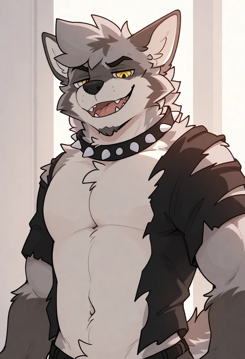 best quality, amazing quality, very aesthetic, absurdres, newest, by pache riggs, male focus, 1boy, solo, upper body, BREAK 
furry, werewolf, yellow eyes, two-tone fur, fur tufts, tail, torn clothes, bara, bold, spiked collar, smug face, <lora:Pache_Riggs_style_Illustrious:1>