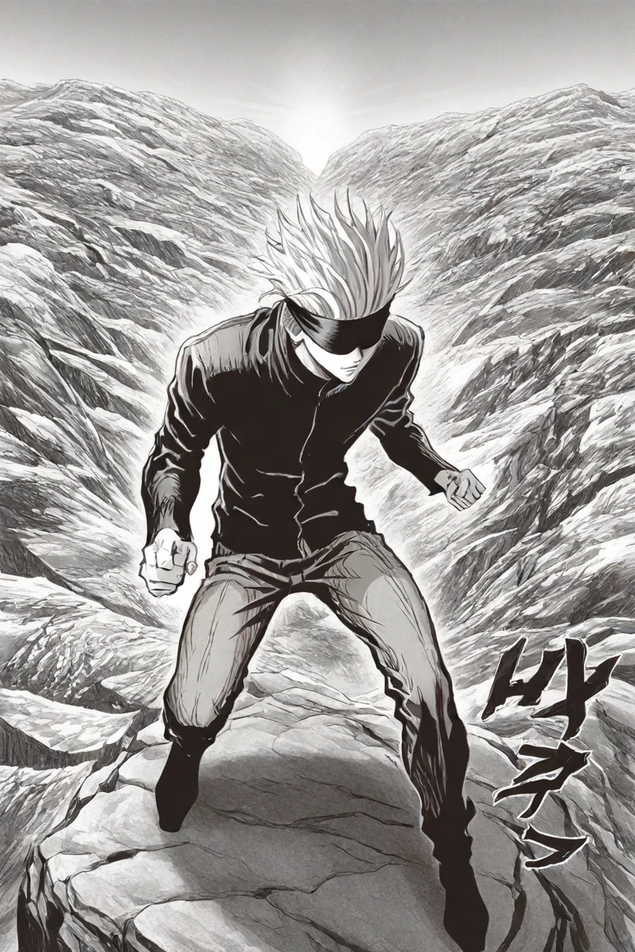 gojou satoru, white hair, high collar, blindfold, covered eyes, black blindfold, jacket, pants, 1boy, solo, alone,<lora:yusuke_murata_scenery_illustriousXL-000021:1>, yusuke_murata_scenery, scenery, monochrome, greyscale, masterpiece, highres