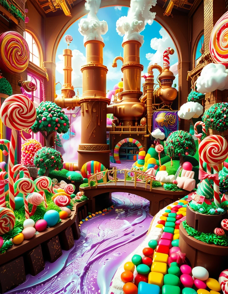 A whimsical and magical photo of Willy Wonkaâs Chocolate Factory. The scene captures the exterior of the factory, featuring a towering, fantastical building with colorful, crooked chimneys puffing out clouds of candy-scented steam. The walls are made of vibrant bricks in shades of purple, gold, and red, with intricate candy-inspired patterns carved into the structure. A large, ornate gate made of swirling lollipop shapes stands at the front, with the name "Willy Wonka" emblazoned in gold letters. Surrounding the factory is a lush, surreal landscape filled with oversized candy canes, gumdrop bushes, chocolate rivers, and trees made of cotton candy. The sky is bright and cheerful, with fluffy clouds that resemble whipped cream. The entire setting feels magical, playful, and inviting, full of bright, saturated colors and incredible, dreamlike details that spark the imagination.
<lora:SDXLFaeTastic2400:0.4> <lora:extremely_detailed:0.4> extremely detailed, <lora:Willy_W0nk4_chocolate_f4ct0ry:1>,Willy W0nk4 chocolate f4ct0ry, Masterpiece,best quality,hi res,8k,hi res,8k,award winning,(sharp focus, intricate, highly detailed),