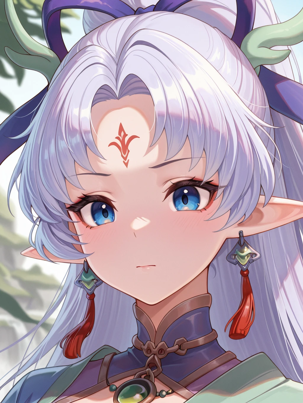 yun, 1girl, solo, long hair, blue eyes, jewelry, closed mouth, earrings, pointy ears, facial mark, elf, portrait, forehead mark,
masterpiece, best quality,amazing quality, very aesthetic, absurdres, depth of field, blurry background, extremely detailed face, detailed eyes