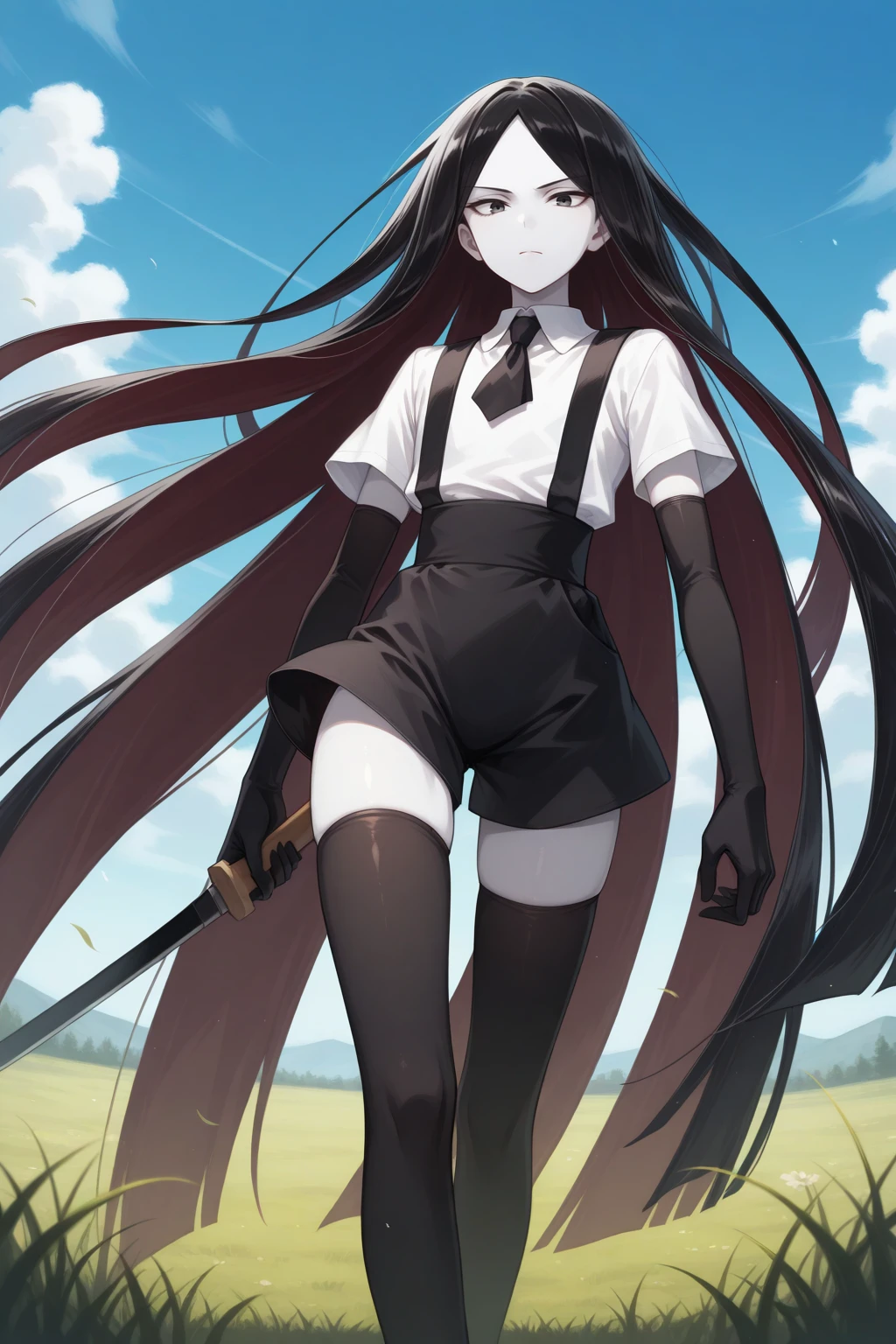masterpiece, best quality, looking at viewer, serious, 1other, hnkbrt, colored skin, white skin, black eyes, crystal hair, black hair, colored inner hair, parted bangs, absurdly long hair, white collared shirt, short sleeves, black necktie, elbow gloves, black gloves, black suspender shorts, white belt, black thighhighs, black footwear, holding sword, outdoors, grass, blue sky, wind, <lora:Hoseki_LandOfTheLustrous_Bort_IllustriousXL_v1:1>