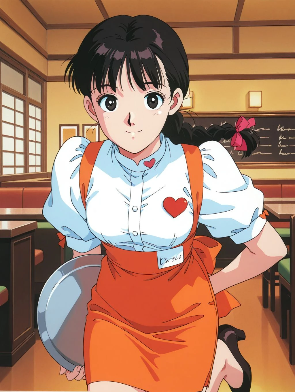 masterpiece, best quality, newest, absurdres, highres, detailed eyes, beautiful, detailed background, perfect eyes, anime coloring, 1990s \(style\), 1girl, solo, mihashi haruko, black hair, long hair, braid, bangs, hair ribbon, black eyes, small breasts, waitress, white shirt, short puffy sleeves, orange pencil skirt, back ribbon, high heels, heart, looking at viewer, smile, (indoors, family restaurant, holding tray), <lora:haruko_roujinz_illus-06:0.8>