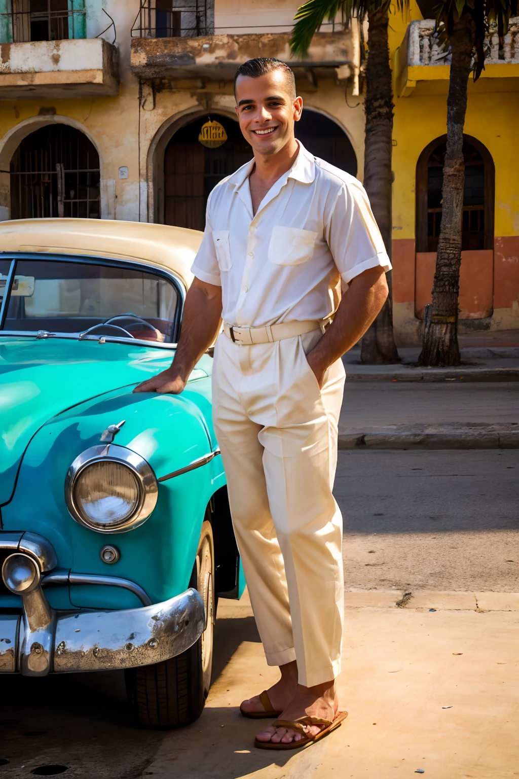 Havana neighborhood, Cuban architecture, 1950's classic cars, standing on sidewalk, smiling, DamienCrosse, light white short, beige baggy pants, sandals, male focus,(((full body portrait))), wide angle <lora:DamienCrosse:0.85>