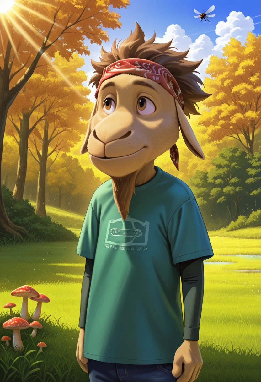 score_8, score_9_up, BPHM, masterpiece, high budget, high quality, 16k, 8k, 4k,
(realistic), ultra high quality, character detail,
background detail, particles, (dust), ((colorful)),
smooth lines, 2D, character detail,
face detail, muzzle detail,
character focus, fur detail,
furry characters, furry, anthropodog,
detailed in detail, ultra detailed, SOLO,
BREAK
Posing against a forest, trees, sun, air, flowers,
(mushrooms), ((fly agarics)), grass, water, clouds, (rays),
BREAK
rock dog, germur, furry, boy, a male goat, male goat with yellowish-brown fur, brown eyes and tousled light brown hair, he is wearing a turquoise T-shirt with a picture of a cassette tape over a darker long-sleeved shirt, blue jeans and a red bandana on his head
