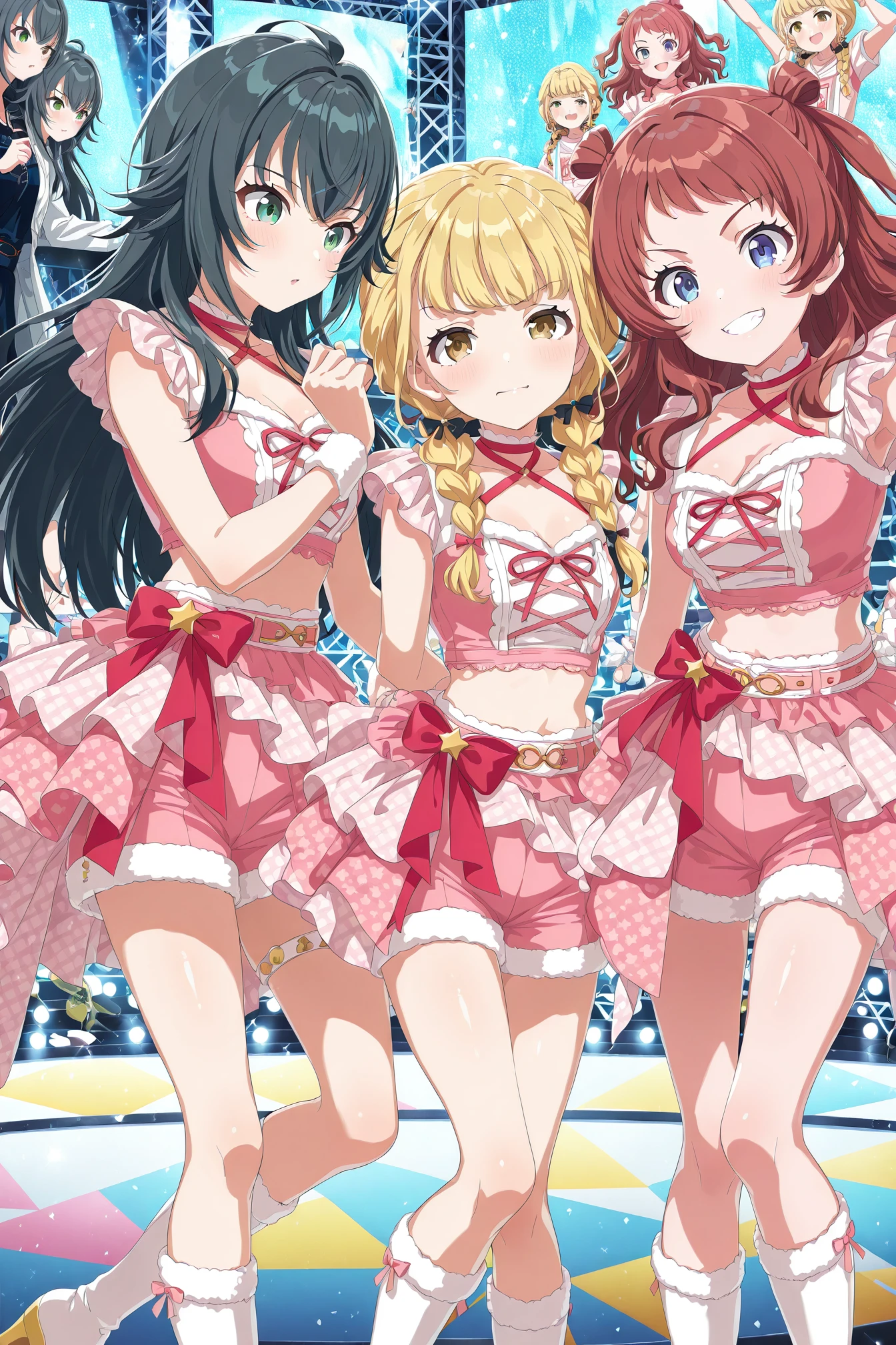detailed background, shiny skin, posing,
<lora:gakumas.il:1>,
gakumas, (3girls:1.5),
saki, temari, kotone,
stage, screen,