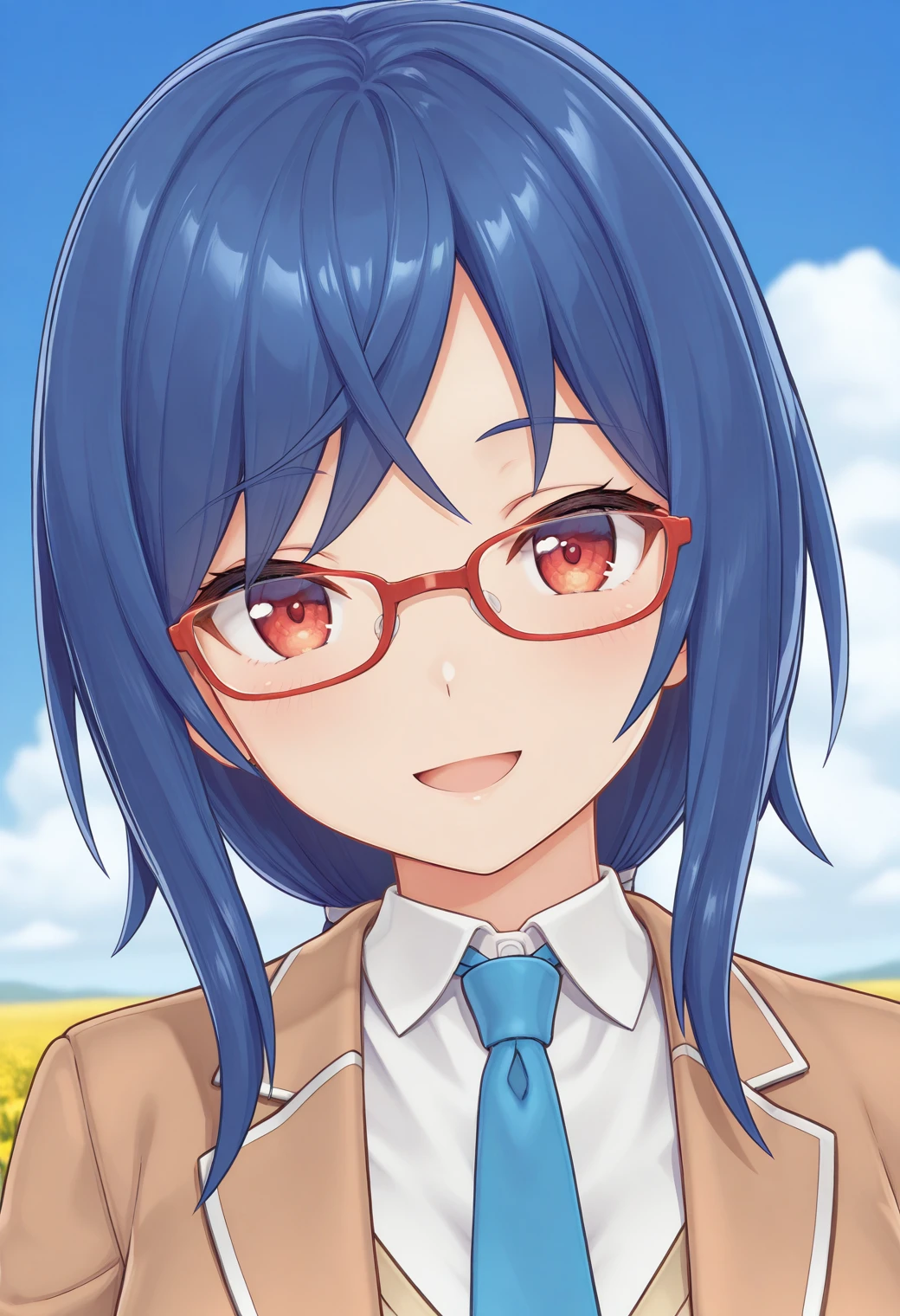 bg_minagi, red eyes, blue hair, long hair, low ponytail, red-framed eyewear, school uniform, necktie, brown jacket, blazer, long sleeves, <lora:BG_minagi_illustrious_ver1:0.8>
smile,, masterpiece, best quality, general,, 1girl, solo, (field:1.2), (blue sky:1.2), looking at viewer,, (upper body:1.2), (close-up:1.2), (facing viewer:1.2), (open eyes:1.4), (portrait:1.2)
