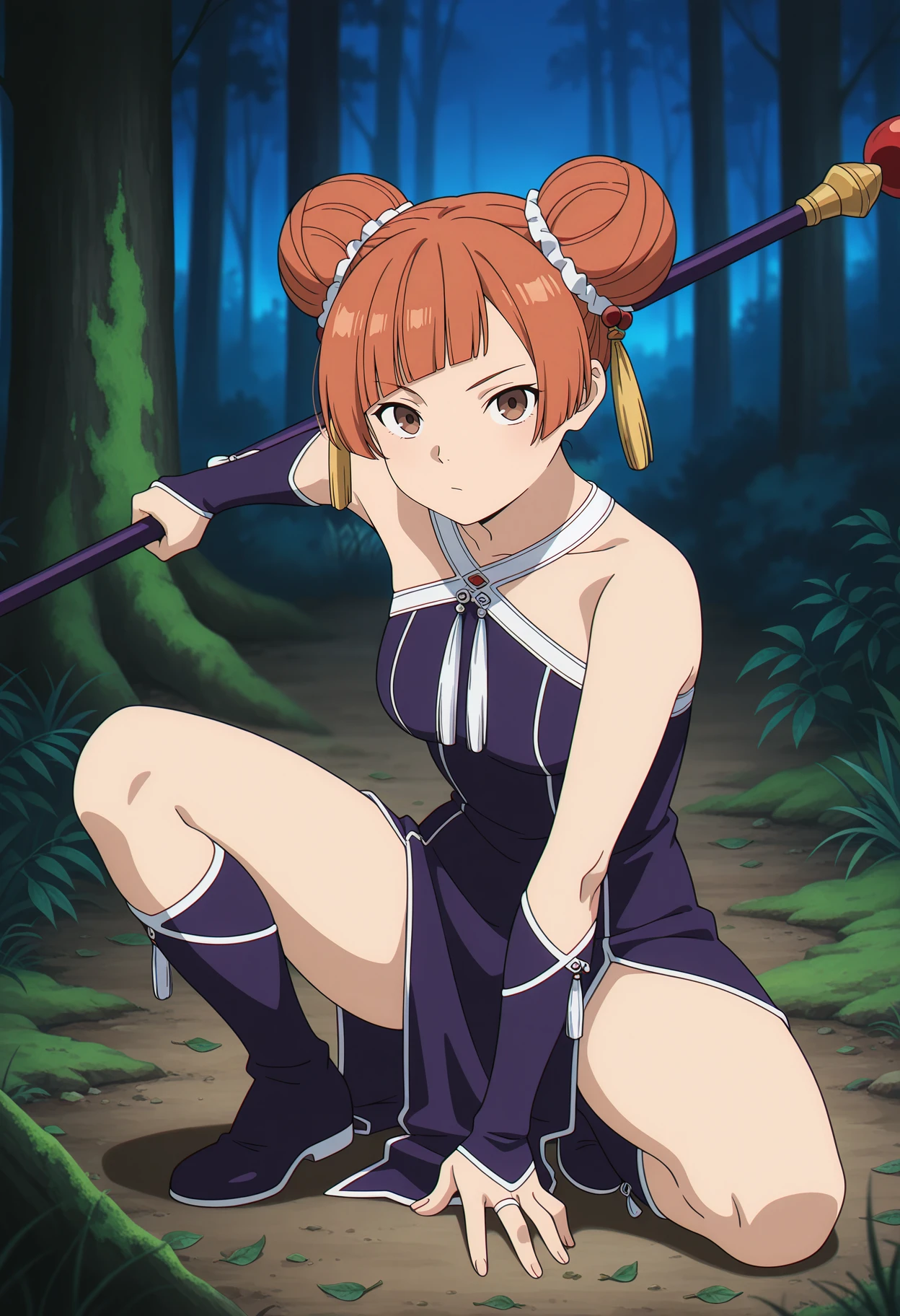 anime screencap, masterpiece, best quality,
<lora:SousouNoFrieren_Laufen_IlluXL:0.9>,
1girl, solo,
orange hair, short hair, double bun, blunt bangs, brown eyes, tassel hair ornament,
LaufenSSnF, china dress, sleeveless dress, purple dress, halterneck, bridal gauntlets, knee boots, purple footwear,
holding staff, outstretched arm, out of frame, hand on floor,
dark, night, squatting, spread legs, fighting stance, looking at viewer,
photo background, forest, tree, moss, leaf, grass, nature, blurry background