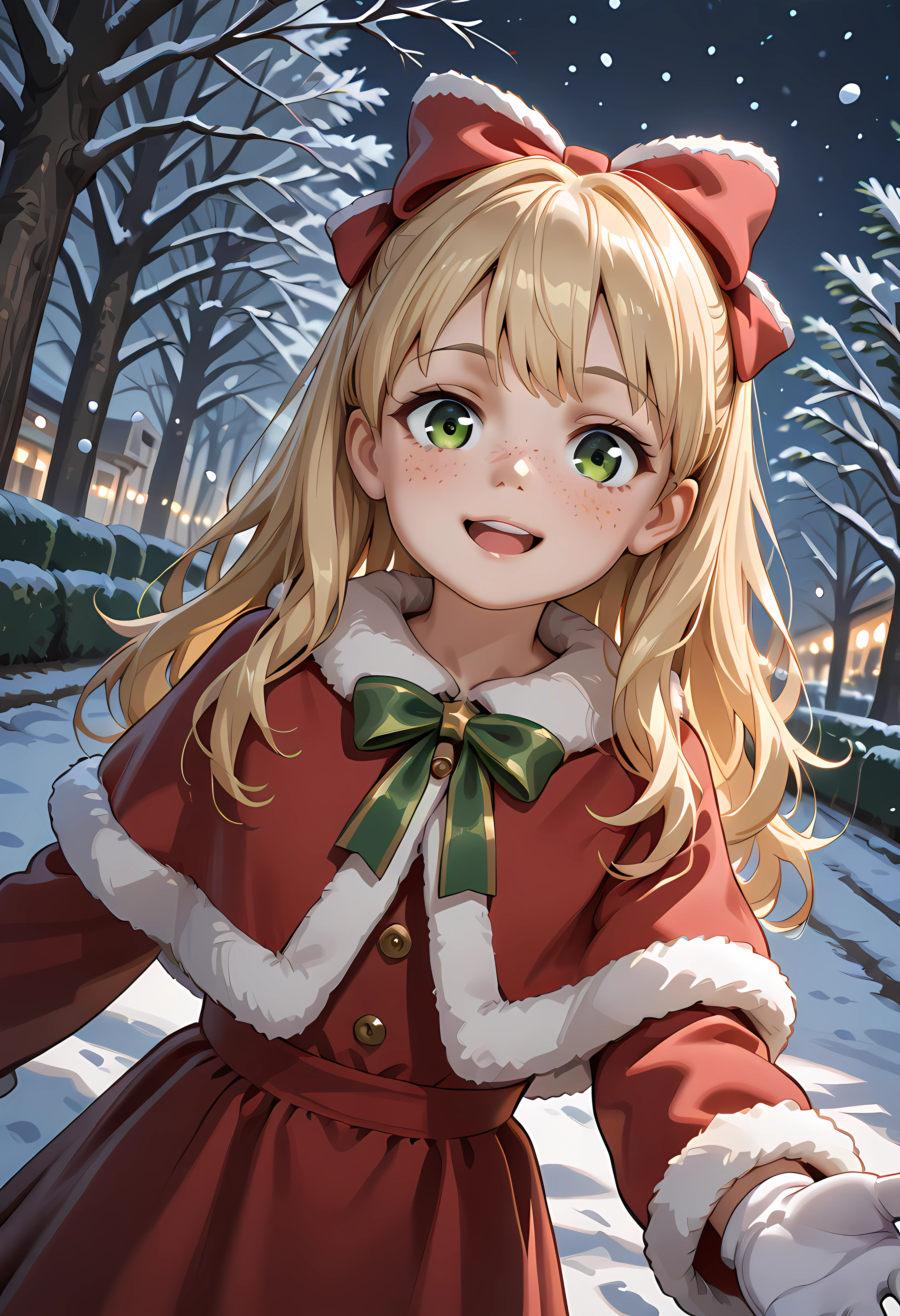 ,masterpiece,best quality,amazing quality,,<lora:Elizabeth Afton_Illustrious:0.8>1 girl , 1girl, solo, blonde hair, bow, hair bow,, (portrai shot, upper body),cinematic lighting, dark, high resolution, 2k resolution:1.0, detailed background, 1girl, girl, , casual clothes, (size differense:1.2), , park,,long hair,green eyes,ribbon, freckles,
solo, dutch angle, looking at viewer, cowboy shot, ,upper body,, happy, looking at viewer, upper teeth, looking at viewer, christmas, fur trim, red capelet, red dress, fur-trimmed dress, long sleeves, white gloves, snowing, outdoors