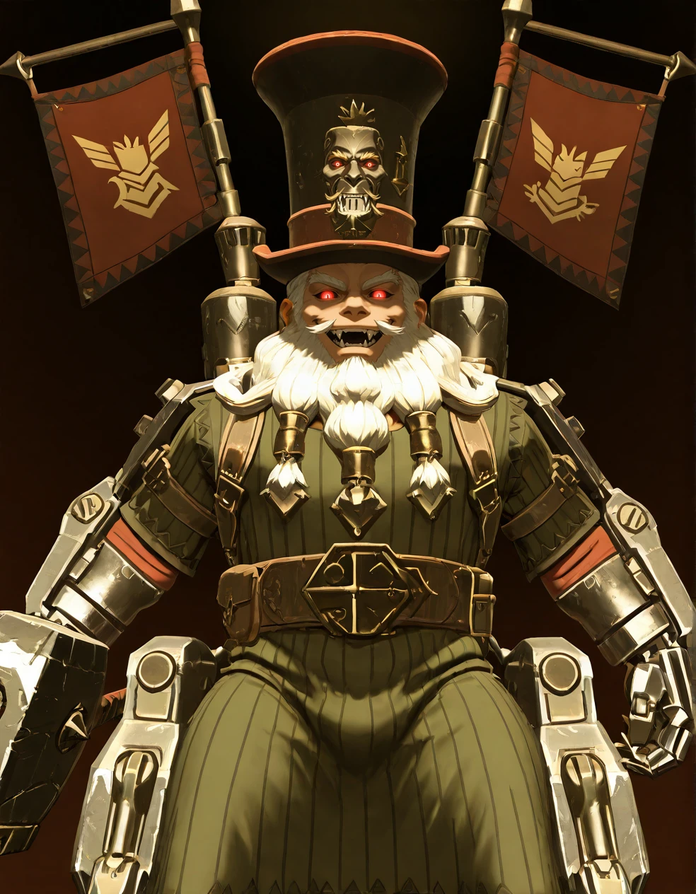 (2D,masterpiece,best quality,amazing quality,very aesthetic,high resolution,looking at viewer,ultra-detailed,solo,source_anime,cute,curvy,lovely,Simple black background), Astragoth Ironhand,top hat,flag,(holding Hammer:1.2),Iron hand,clothes,ride mecha,white hair,Shortstack,glowing red eyes, open smile,fangs,beard,raised arm,<lora:Astragoth_Ironhand:1>