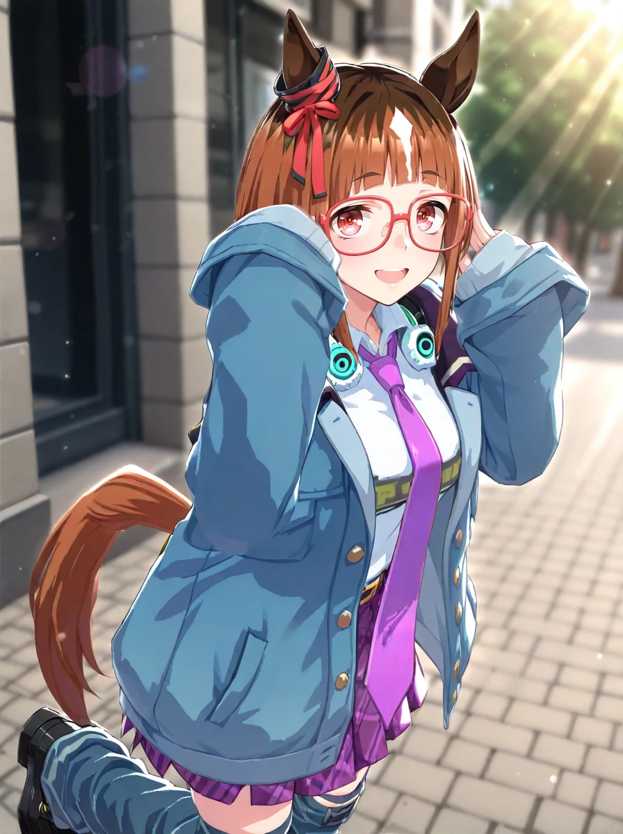 masterpiece,best_quality,
transcend\(umamusume\), 1girl, horse ears, horse tail, pink necktie, full body, looking at viewer, plaid pink pleated skirt,red-framed eyewear, long sleeves, smile, blue jacket, open jacket, purple necktie, blue leg warmers, headphones around neck, black footwear, white shirt formal, sleeves past wrists, single ear ornament, bespectacled
motion blur, lens flare,
cowboy shot,
open mouth, big smile,
light rays,lens flare,light particles,outdoors,
<lora:ILL_transcend_ver1.0:1>