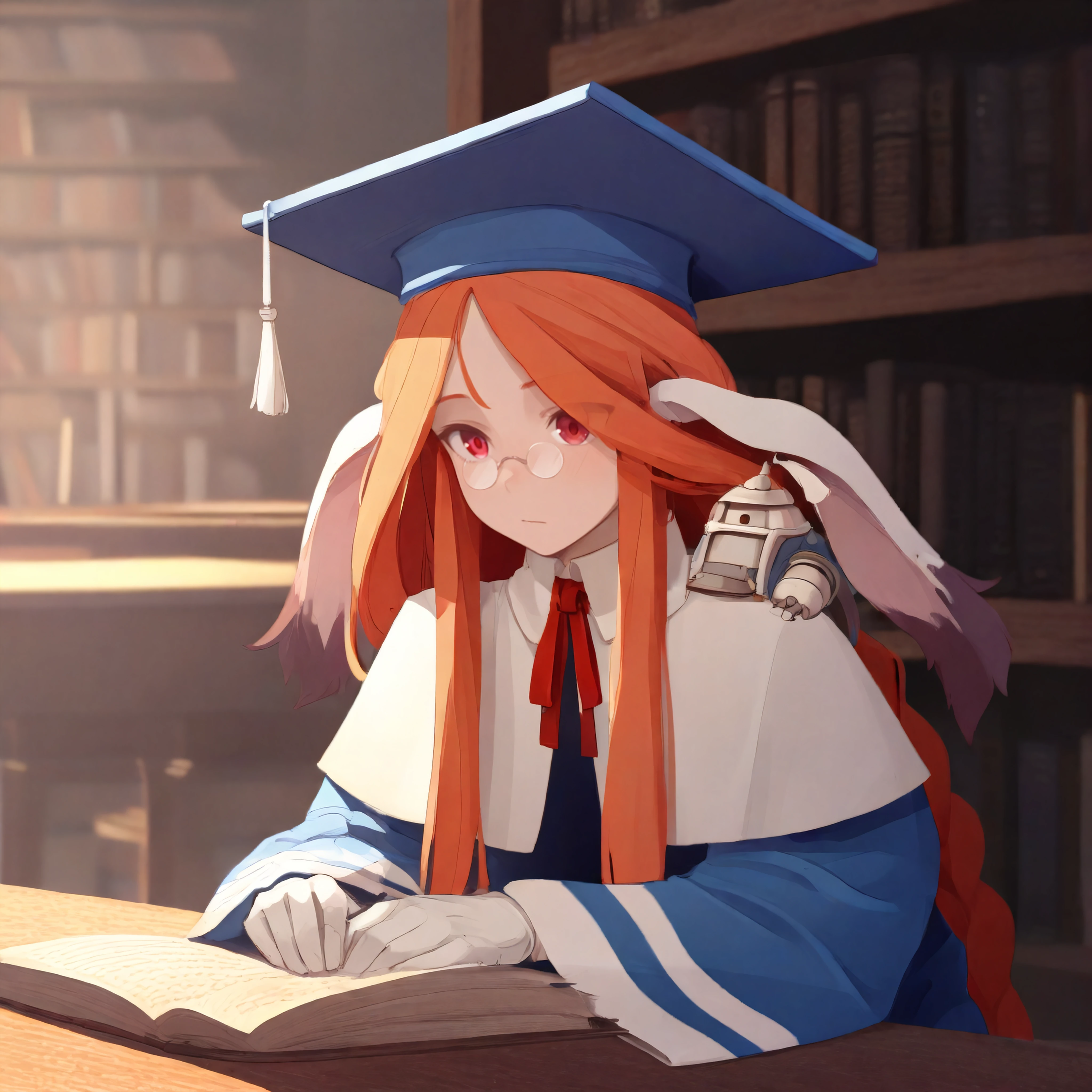 masterpiece, best quality, absurdres, 1girl,momon11,, red eyes, animal ears, orange hair, very long hair, braids, large hair, mortarboard,pince-nez,blue robes, white trim, white capelet, red ribbon, white gloves, robot on shoulder,sitting,library,desk,reading book, upper body <lora:momo_n11:0.8> <lora:susho_n11:0.8>