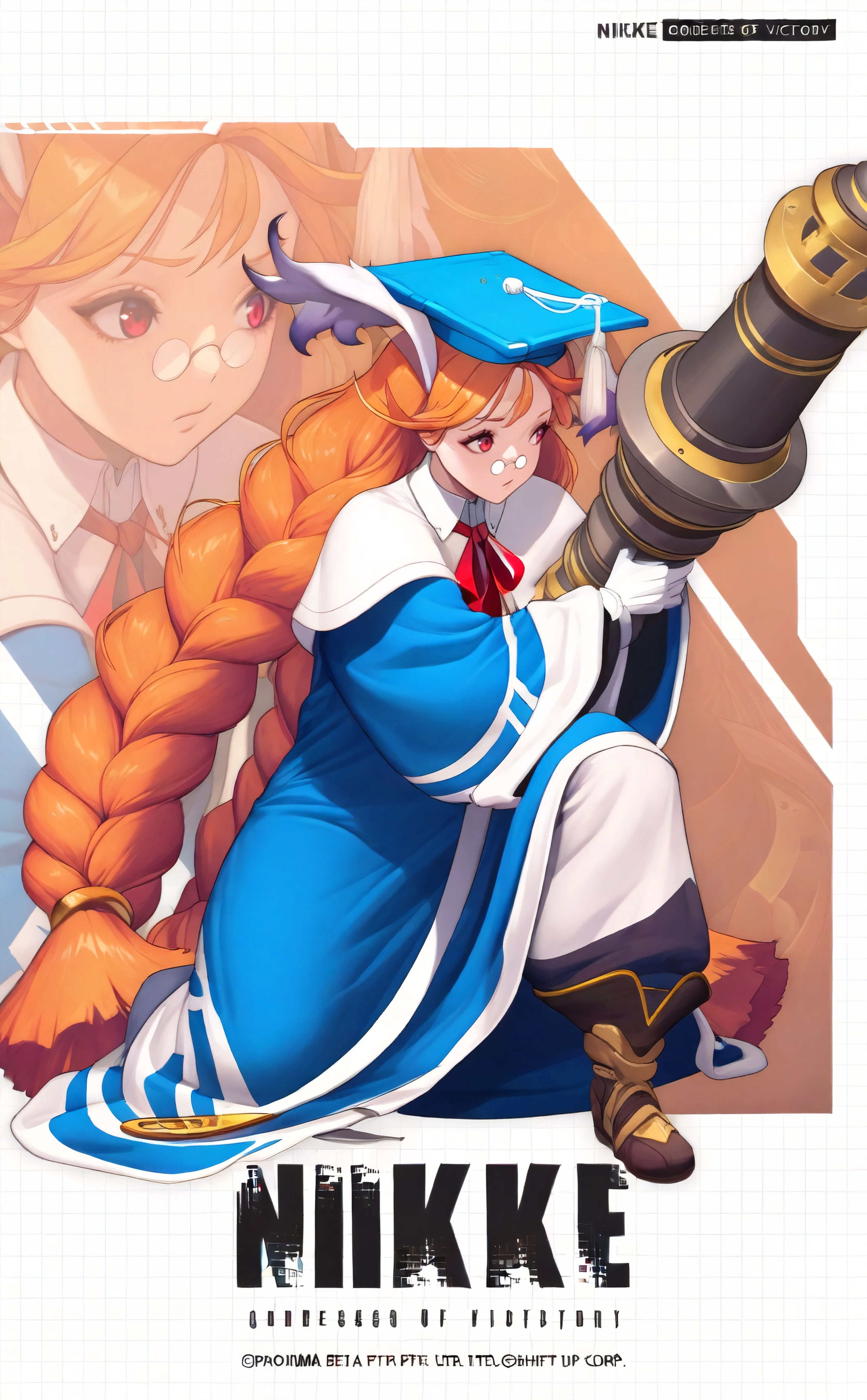 masterpiece, best quality, absurdres, NikkeProfile, full body, checkered background, zoom layer, copyright name, character name, english text, logo,holding weapon, holding cannon, on one knee, looking to the side,1girl, momon11, red eyes, (animal ears:1.2), orange hair, very long hair, braids, large hair, mortarboard,pince-nez,blue robes, white trim, white capelet, red ribbon, white pants, white gloves, brown boots <lora:momo_n11:1> <lora:NikkeProfile_illusXLNoobAI_Incrs_v2:1>