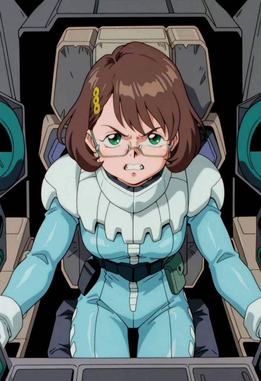 official art, masterpiece, best quality, absurdres, very aesthetic, 1girl, female focus, solo, AWGXS, anime screenshot, retro artstyle,1990s (style), cel animation, Mia_CF, brown hair, medium hair, bob cut, asymmetrical hair, bangs, hair ornament, glasses, semi-rimless eyewear, under-rim eyewear, normal suit, pilot suit, mecha pilot suit, blue bodysuit, utility belt, white gloves, cowboy shot, straight-on, cockpit, leaning forward, serious expression, clenched teeth,, sitting, (from below:0.25)