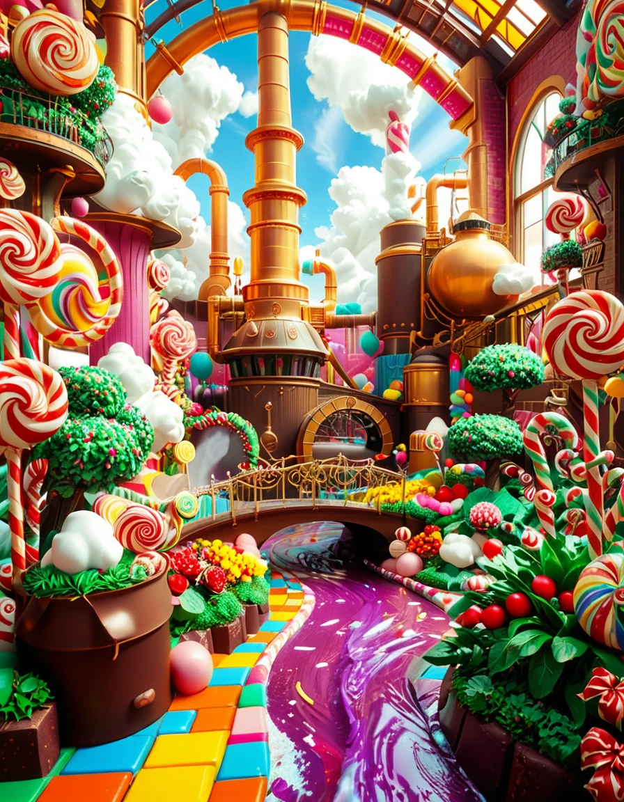A whimsical and magical photo of Willy Wonkaâs Chocolate Factory. The scene captures the exterior of the factory, featuring a towering, fantastical building with colorful, crooked chimneys puffing out clouds of candy-scented steam. The walls are made of vibrant bricks in shades of purple, gold, and red, with intricate candy-inspired patterns carved into the structure. A large, ornate gate made of swirling lollipop shapes stands at the front, with the name "Willy Wonka" emblazoned in gold letters. Surrounding the factory is a lush, surreal landscape filled with oversized candy canes, gumdrop bushes, chocolate rivers, and trees made of cotton candy. The sky is bright and cheerful, with fluffy clouds that resemble whipped cream. The entire setting feels magical, playful, and inviting, full of bright, saturated colors and incredible, dreamlike details that spark the imagination.
<lora:SDXLFaeTastic2400:0.4> <lora:extremely_detailed:0.4> extremely detailed, <lora:Willy_W0nk4_chocolate_f4ct0ry:1>,Willy W0nk4 chocolate f4ct0ry, Masterpiece,best quality,hi res,8k,hi res,8k,award winning,(sharp focus, intricate, highly detailed),