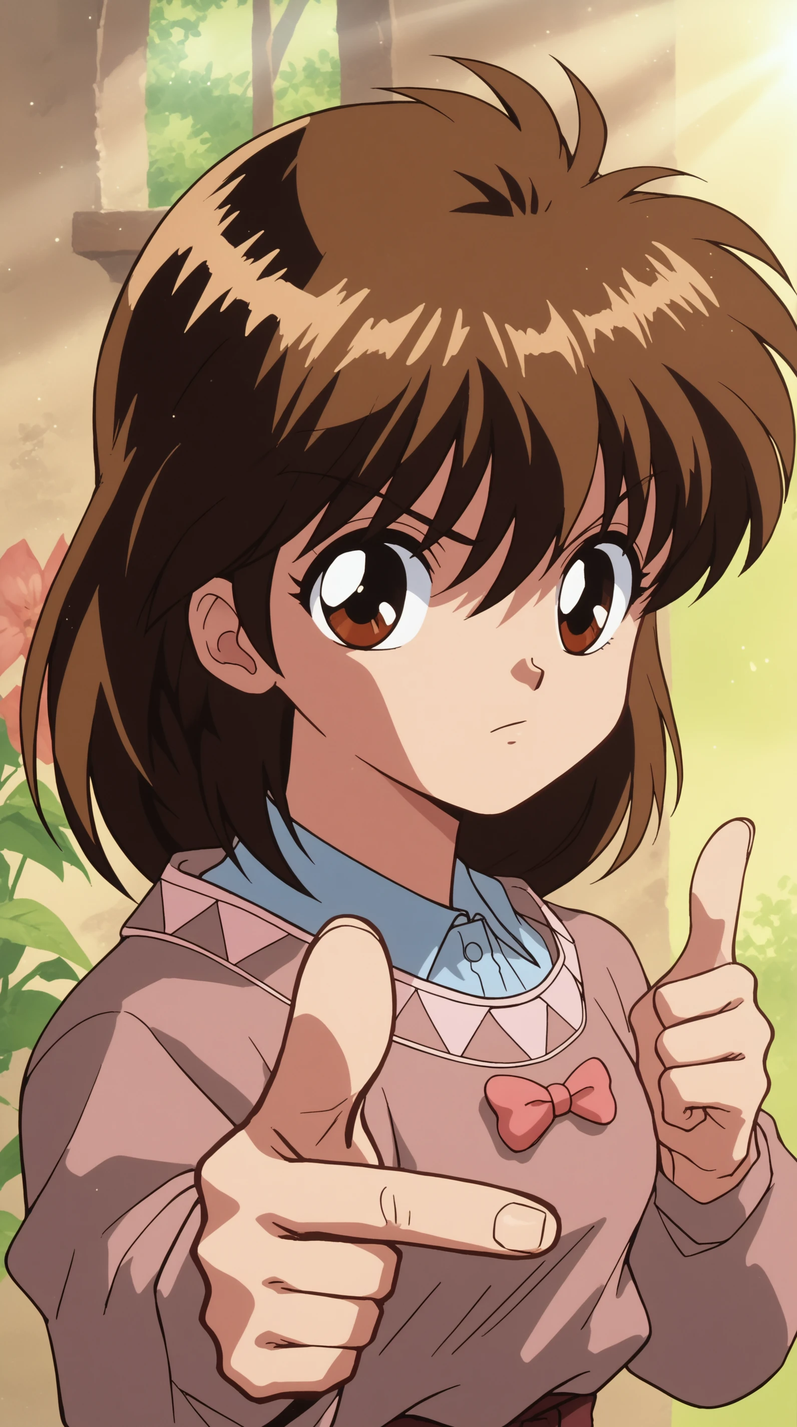 score_9, score_8_up, score_7_up,anime_source, source_anime, best background, detailed background, anime screencap, 4k, upscale, Keiko Yukimura, Main Outfit, solo, looking at viewer, closed mouth, sunlight, portrait, pointing, nature, pointing at viewer, finger gun <lora:JN_Keiko_Yukimura_Pony:0.8>