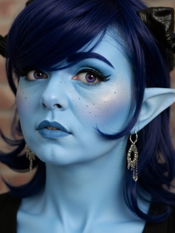 <lora:Jester_Lavorre:0.9> jester lavorre, a woman with a blue colored skin and pointy ears and horns. Closeup face portrait