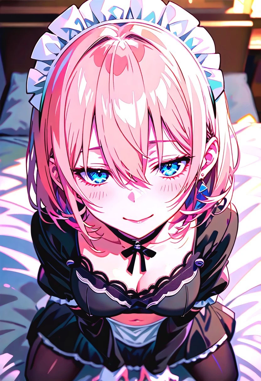 LOVELYWAIFU_ST, NTLANM_STL, detailed background, masterpiece, best quality,
Takagi, pink hair, short hair, bob cut, hair between eyes, blue eyes, navel, triangle earring, black choker, black tie, maid headdress, maid outfit, black thighhighs, white gloves, black miniskirt, maid sleeves, detached sleeves,
soft smile, closed mouth, half-closed eyes,
scenery, on bed, from above, face focus,
(EyesHD:1.2), masterpiece, best quality, ultra-detailed, very aesthetic, sharp focus, depth of field, vibrant colors, ray tracing, best lighting, detailed illustration, detailed background, cinematic, beautiful face, beautiful eyes