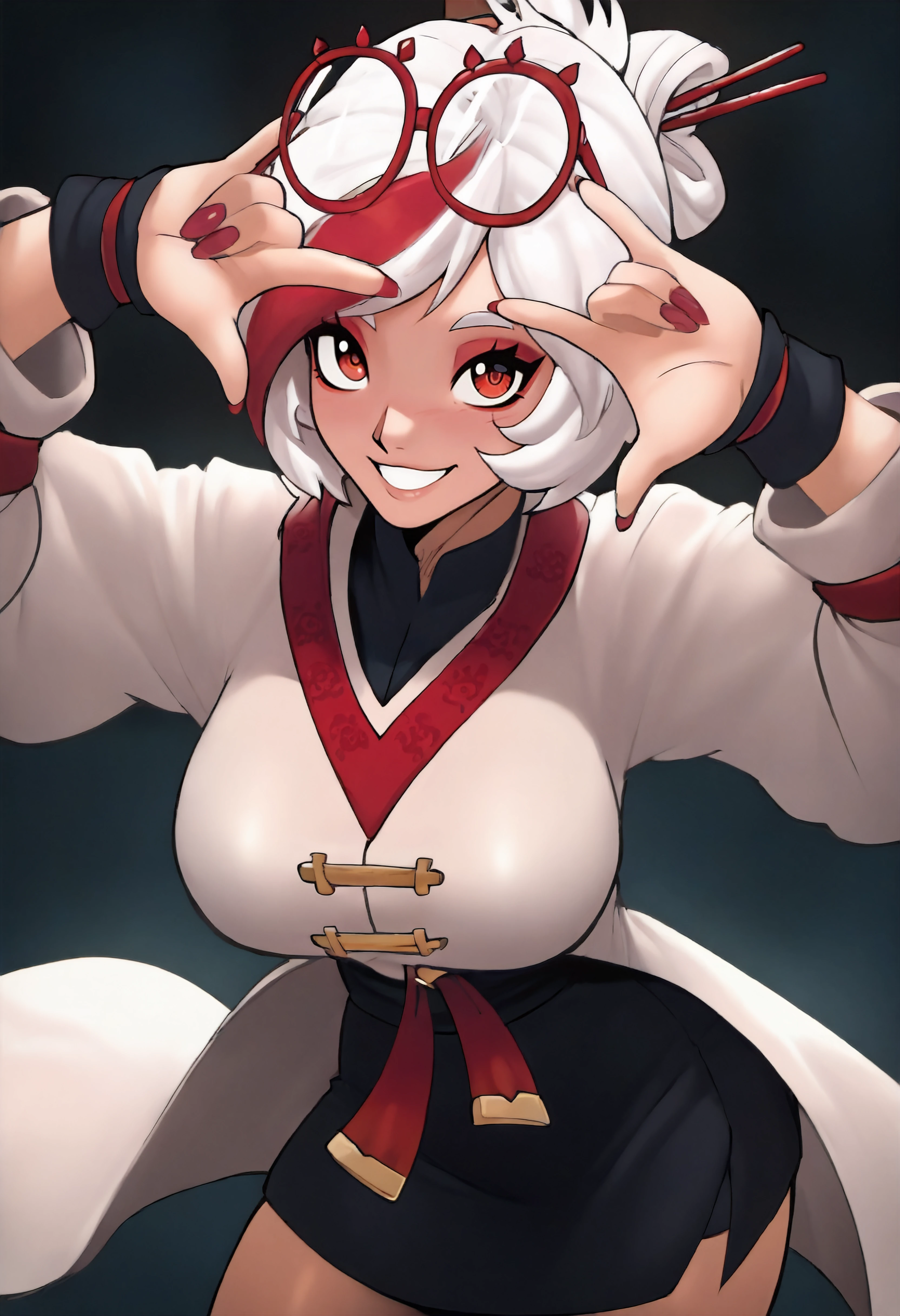 masterpiece, best quality, absurdres, 1girl,prhacn11, red-framed glasses, eyewear on head, red eyes, white hair, streaked hair, white coat, black shirt, black skirt, red trim, black cuffs, hair sticks,smile,\\m/,red nails <lora:prhac_n11:0.8> <lora:echosbr_n11:1>