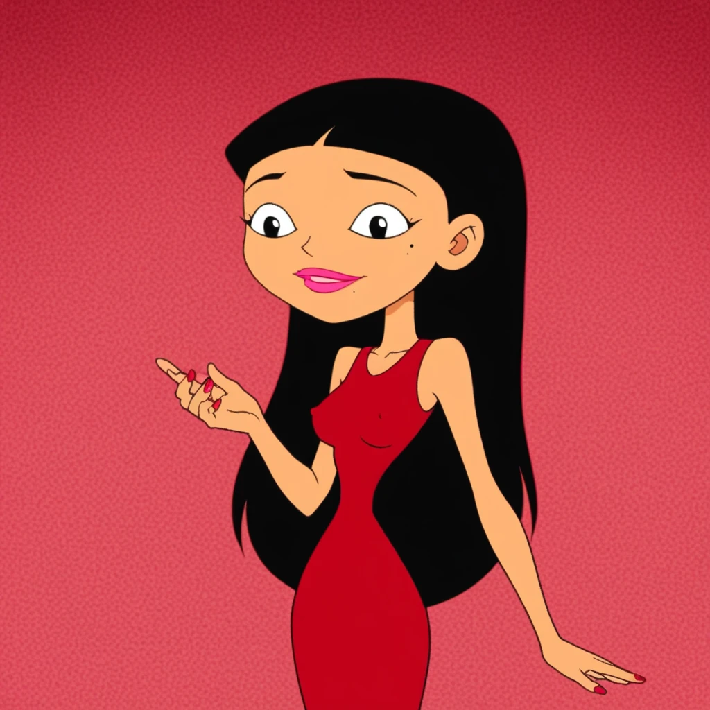 score_8_up, score_7_up, score_6_up, BREAK, source_anime, masterpiece, best quality, aged up jasminenolan, black hair, long hair, black eyes, beauty mark under left eye, black eyebrows, pink lipstick, nail polish, pink finger nails, smiling, parted lips, night, covered nipples, sleeveless, red dress, long dress, hueytown alabama, 34 years old, solo, 1girl, turning to face viewer, large breasts, breast, covered nipples, navel, collarbone, slender, wide hips, narrow waist, flat chest, adult female, thighs, legs, wide hips, flat chest, upper body, standing, detailed background, retro artstyle, 2000s style, <lora:<lora:jasmine-nolan-american-dragon-jake-long-s1-0.9>
