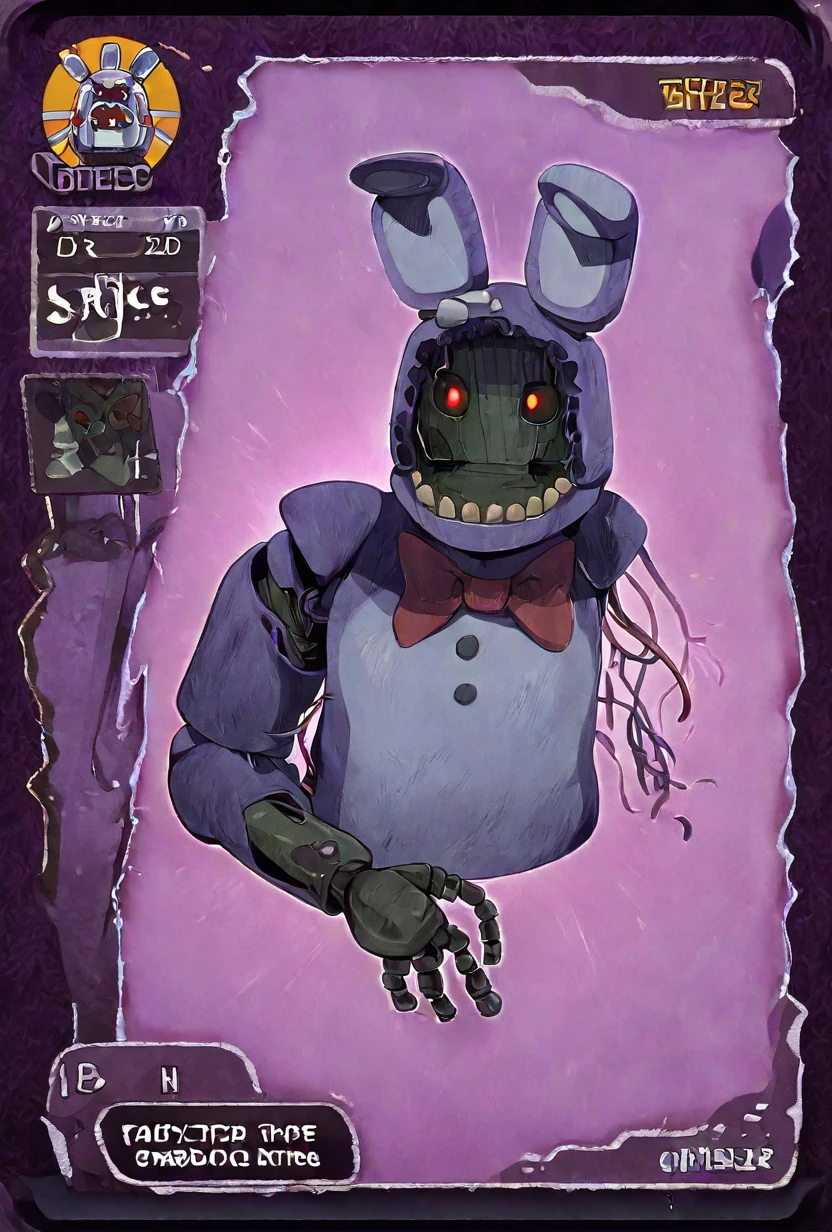 <lora:withbonnie-07:1> withbon, ((missing arm, amputated arm, wires ))no humans, red bowtie, rabbit ears,, robot, portrait background, character card, thick borders, abstract simple background,, cartoon, simple background, upper body, purple borders, purple background, art details, dynamic pose,, masterpiece, best quality, amazing quality, very aesthetic, absurdres, newest,