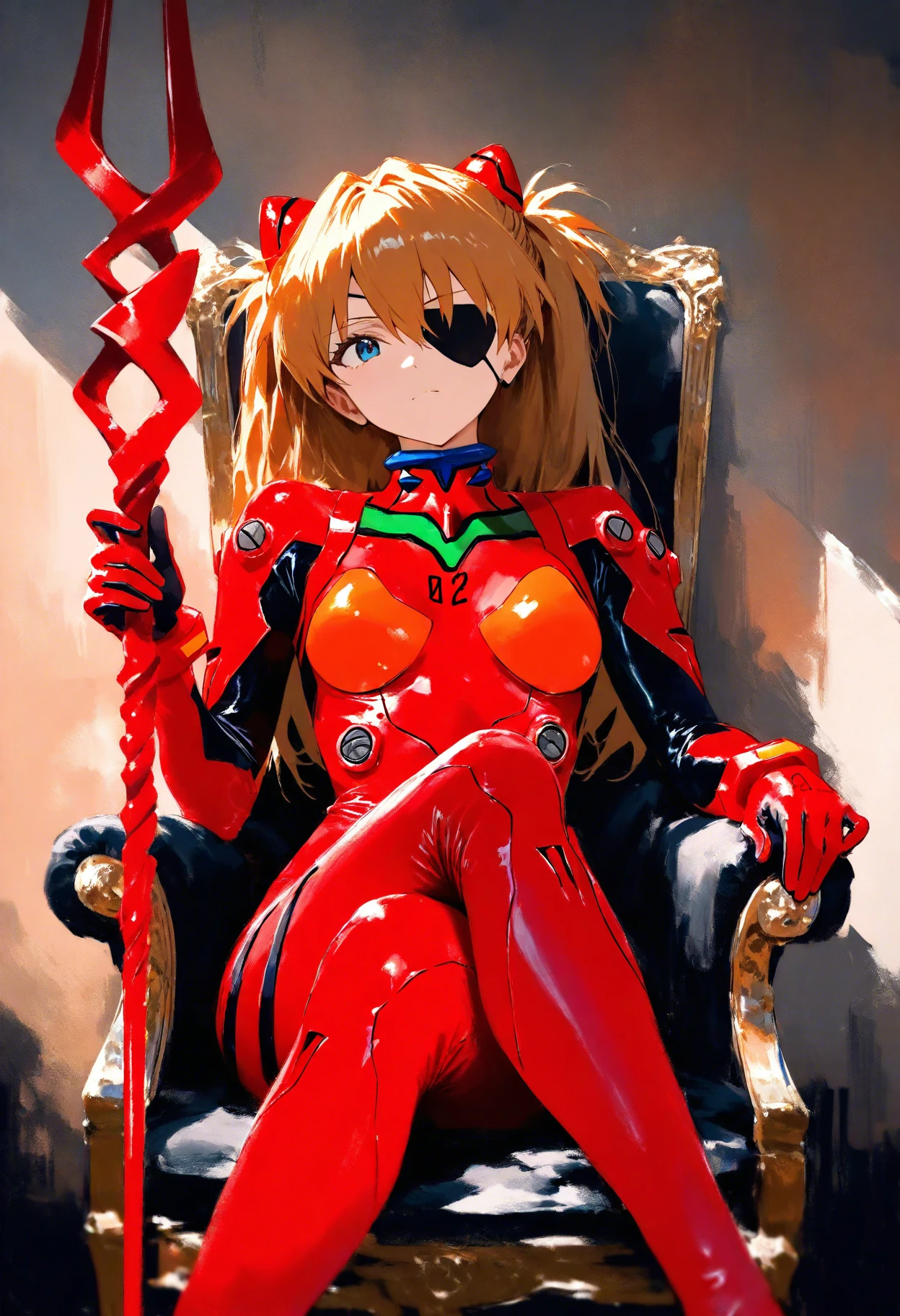 masterpiece, best quality, high score, great score, absurdres, 1girl, souryuu asuka langley, neon genesis evangelion, eyepatch, red plugsuit, sitting, on throne, crossed legs, head tilt, holding weapon, lance of longinus \(evangelion\), cowboy shot, depth of field, faux traditional media, painterly, impressionism, photo background