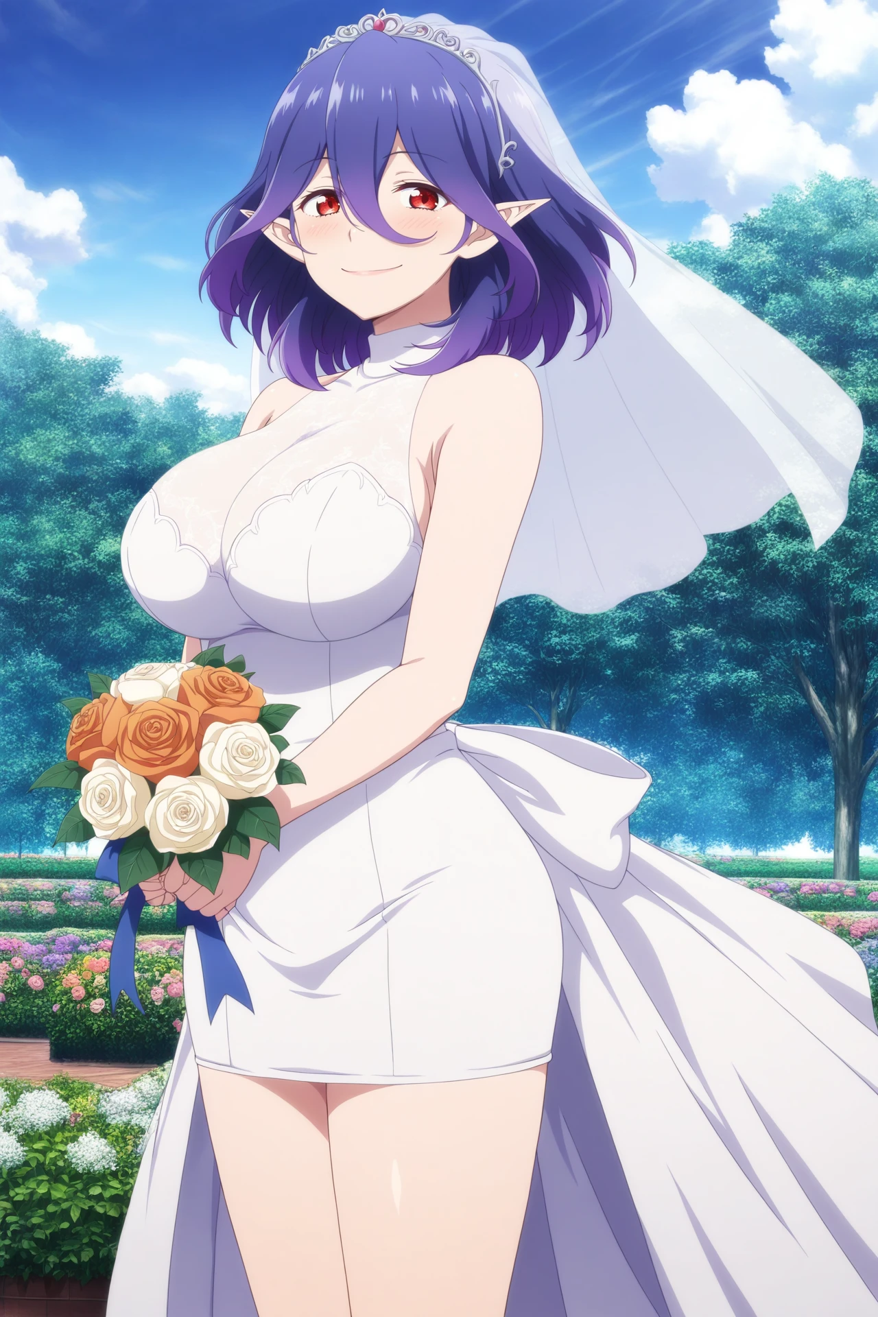 masterpiece, best quality, highres, aakana, aakana, short hair, blue eyes,wedding dress, white dress, garden, holding bouquet, smile, open mouth, confetti,
