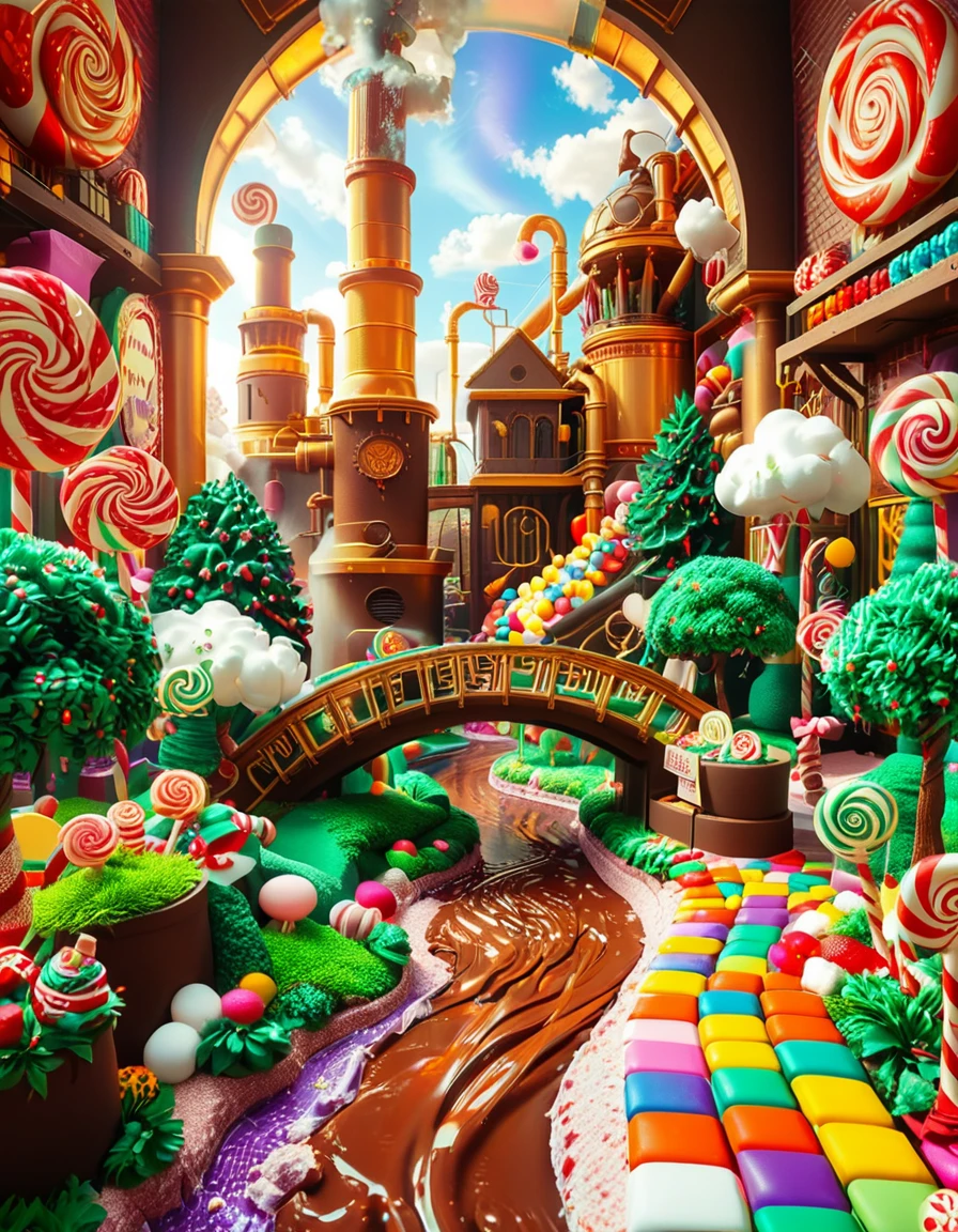A whimsical and magical photo of Willy Wonkaâs Chocolate Factory. The scene captures the exterior of the factory, featuring a towering, fantastical building with colorful, crooked chimneys puffing out clouds of candy-scented steam. The walls are made of vibrant bricks in shades of purple, gold, and red, with intricate candy-inspired patterns carved into the structure. A large, ornate gate made of swirling lollipop shapes stands at the front, with the name "Willy Wonka" emblazoned in gold letters. Surrounding the factory is a lush, surreal landscape filled with oversized candy canes, gumdrop bushes, chocolate rivers, and trees made of cotton candy. The sky is bright and cheerful, with fluffy clouds that resemble whipped cream. The entire setting feels magical, playful, and inviting, full of bright, saturated colors and incredible, dreamlike details that spark the imagination.
<lora:SDXLFaeTastic2400:0.4> <lora:extremely_detailed:0.4> extremely detailed, <lora:Willy_W0nk4_chocolate_f4ct0ry:1>,Willy W0nk4 chocolate f4ct0ry, Masterpiece,best quality,hi res,8k,hi res,8k,award winning,(sharp focus, intricate, highly detailed),