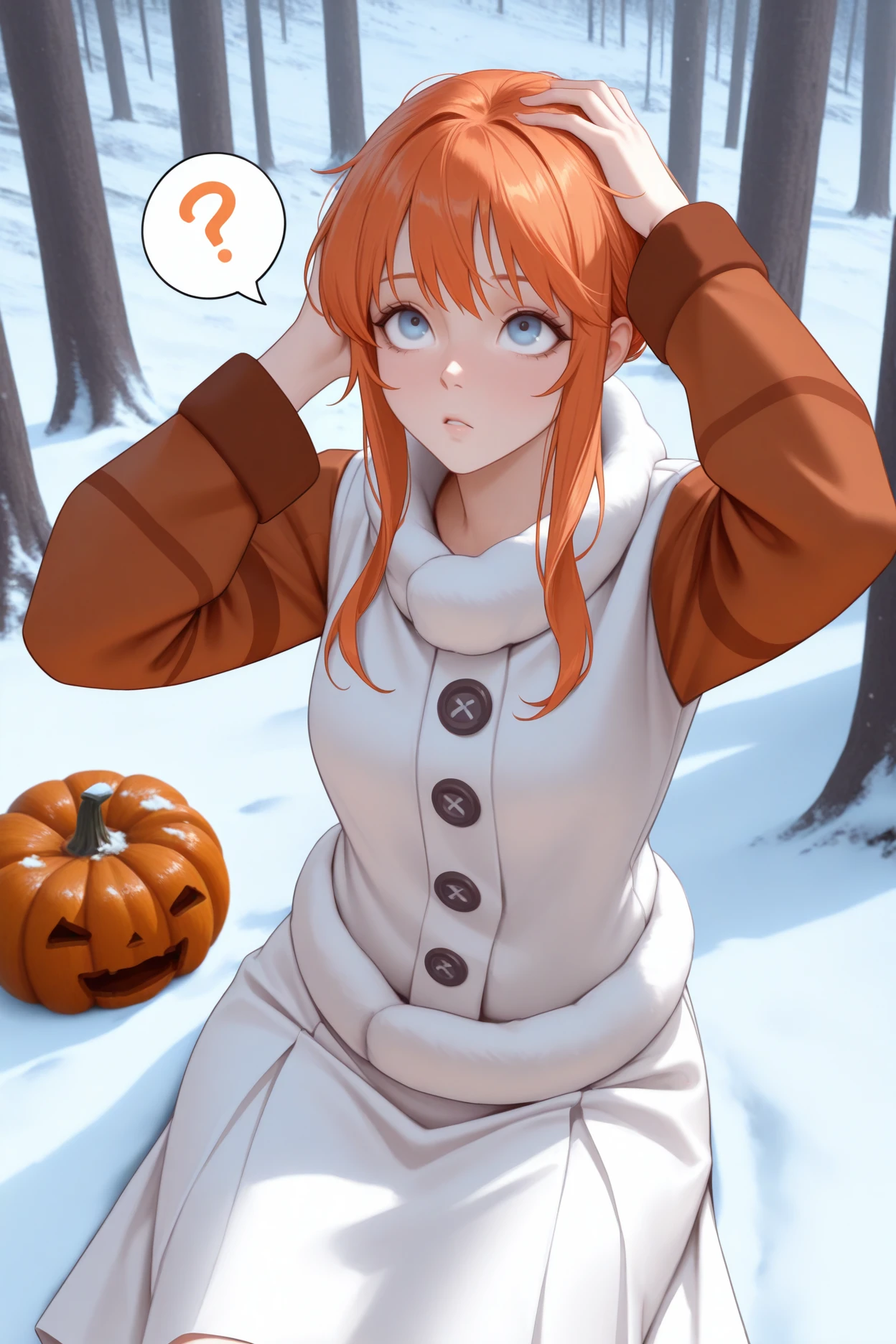 masterpiece, best quality, 1girl, solo, <lora:snowgolem-illu-nvwls-v1-000006:1> mtsnoglm, orange hair, sidelocks, blue eyes, white coat, white collar, orange sleeves, buttons, white skirt, sitting, looking up, spoken question mark, pumpkin on ground, snow, forest, confused, hand on own head
