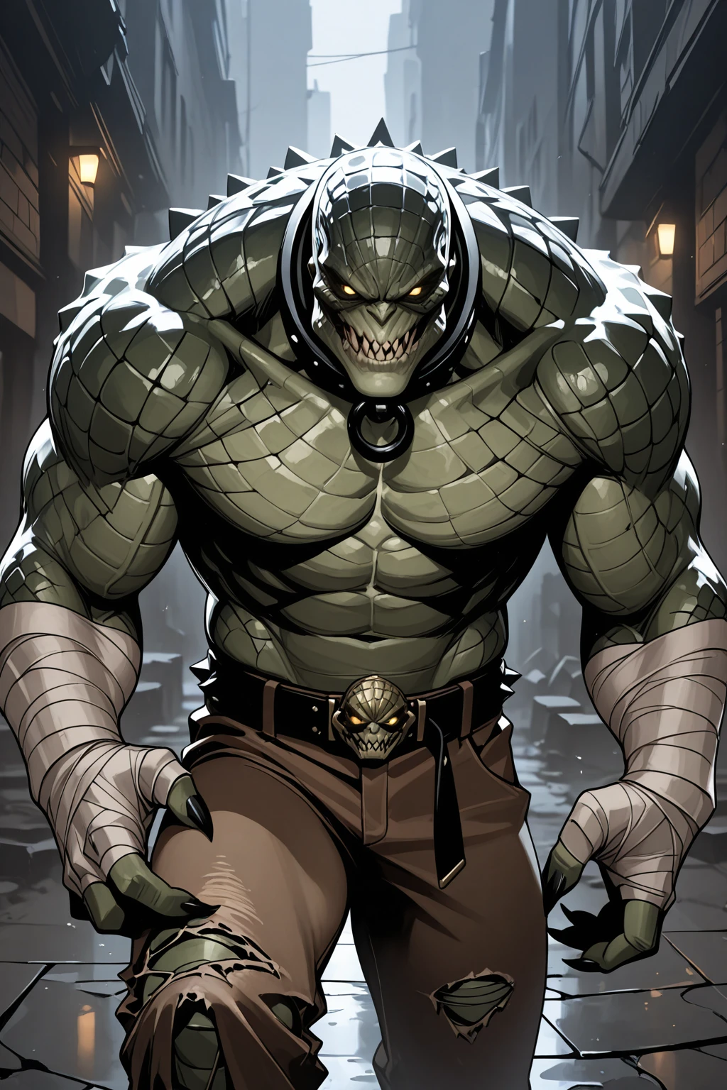 masterpiece, good quality, best quality, very awa, very as2, absurdres, highres
<lora:Killer CrocilluLoRA:1>killercroc, scales, sharp teeth, muscular, claws, torn pants, bandages, belt, collar, spikes, glowing eyes,