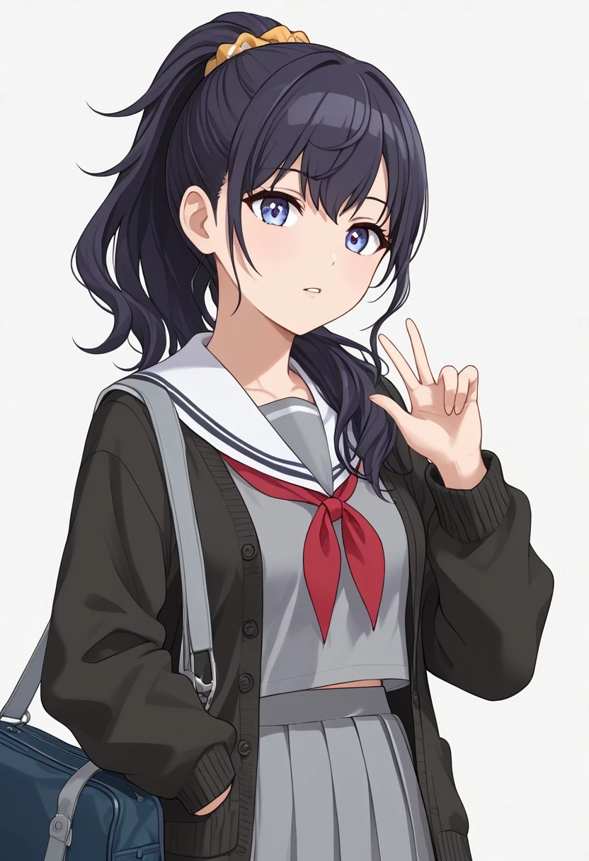 (masterpiece), best quality, expressive eyes, perfect face,red neckerchief, neckerchief, school uniform, sailor collar, white background, parted lips, scrunchie, grey skirt, hair scrunchie, white sailor collar, simple background, skirt, cardigan, bag, hair ornament, long sleeves, pleated skirt, open clothes, ponytail, shirt, serafuku, black cardigan, upper body, grey shirt, open cardigan, school bag, hand up, shoulder bag, high ponytail, mafuyu