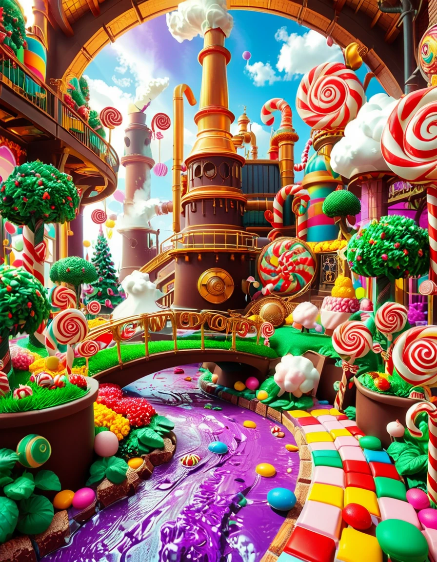 A whimsical and magical photo of Willy Wonkaâs Chocolate Factory. The scene captures the exterior of the factory, featuring a towering, fantastical building with colorful, crooked chimneys puffing out clouds of candy-scented steam. The walls are made of vibrant bricks in shades of purple, gold, and red, with intricate candy-inspired patterns carved into the structure. A large, ornate gate made of swirling lollipop shapes stands at the front, with the name "Willy Wonka" emblazoned in gold letters. Surrounding the factory is a lush, surreal landscape filled with oversized candy canes, gumdrop bushes, chocolate rivers, and trees made of cotton candy. The sky is bright and cheerful, with fluffy clouds that resemble whipped cream. The entire setting feels magical, playful, and inviting, full of bright, saturated colors and incredible, dreamlike details that spark the imagination.
<lora:SDXLFaeTastic2400:0.4> <lora:extremely_detailed:0.4> extremely detailed, <lora:Willy_W0nk4_chocolate_f4ct0ry:1>,Willy W0nk4 chocolate f4ct0ry, Masterpiece,best quality,hi res,8k,hi res,8k,award winning,(sharp focus, intricate, highly detailed),