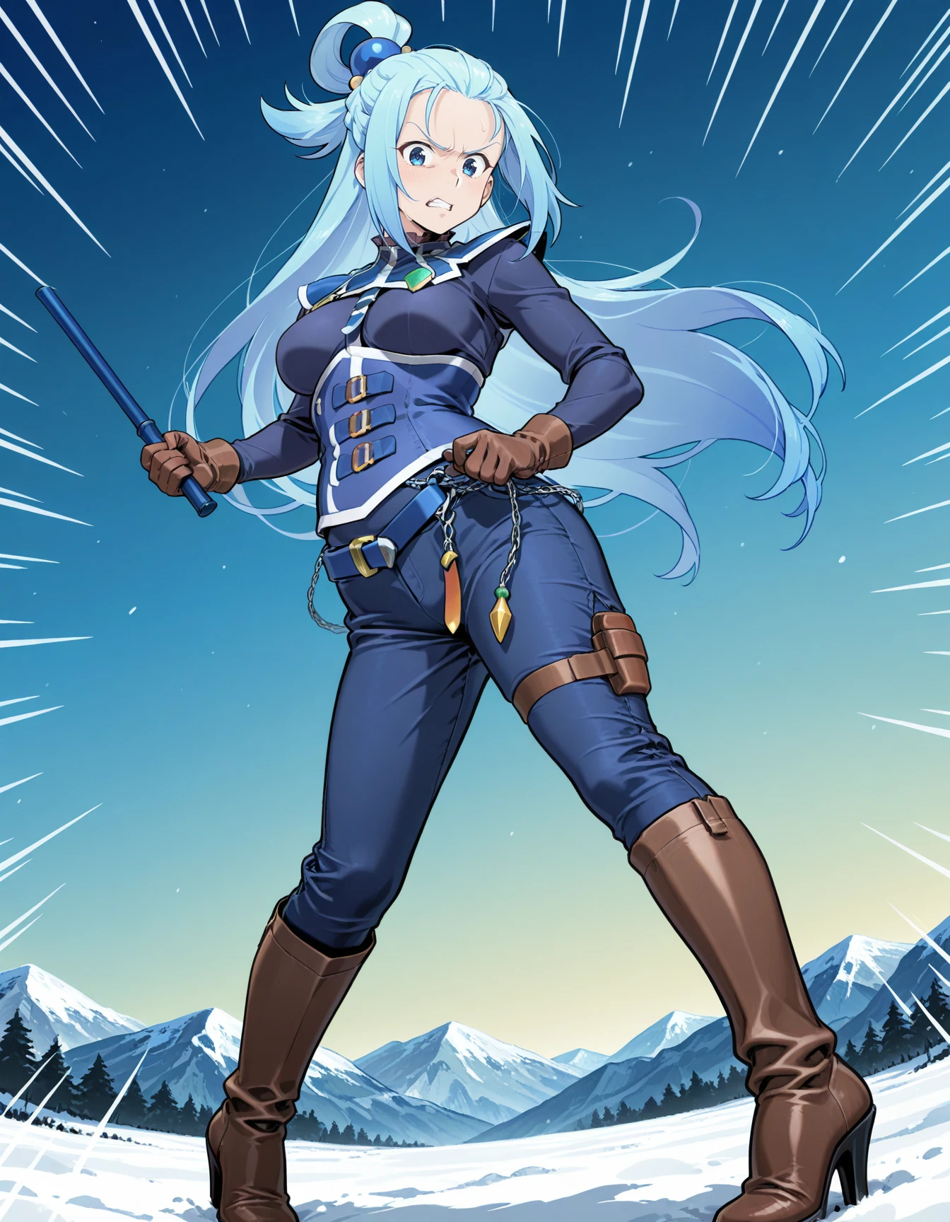 (araizumi rui), 1girl, solo, aqua \(konosuba\), bun braid, very long thin braid, mature female, straps, standing, pulled back hair, blue corset, blue pants, action shot, emphasis lines, angry, from below, buckles, silver chest strap, blue belt, stitching, <lora:mordsith-ILXL2025-01-26_19-02-05-save-390-30-0:0.8> looking at viewer, gloves, blue shoulder armor, chain, stepping pose, black high heel boots, blue baton , background snowy field, mountain, sky masterpiece, best quality, very aesthetic, newest