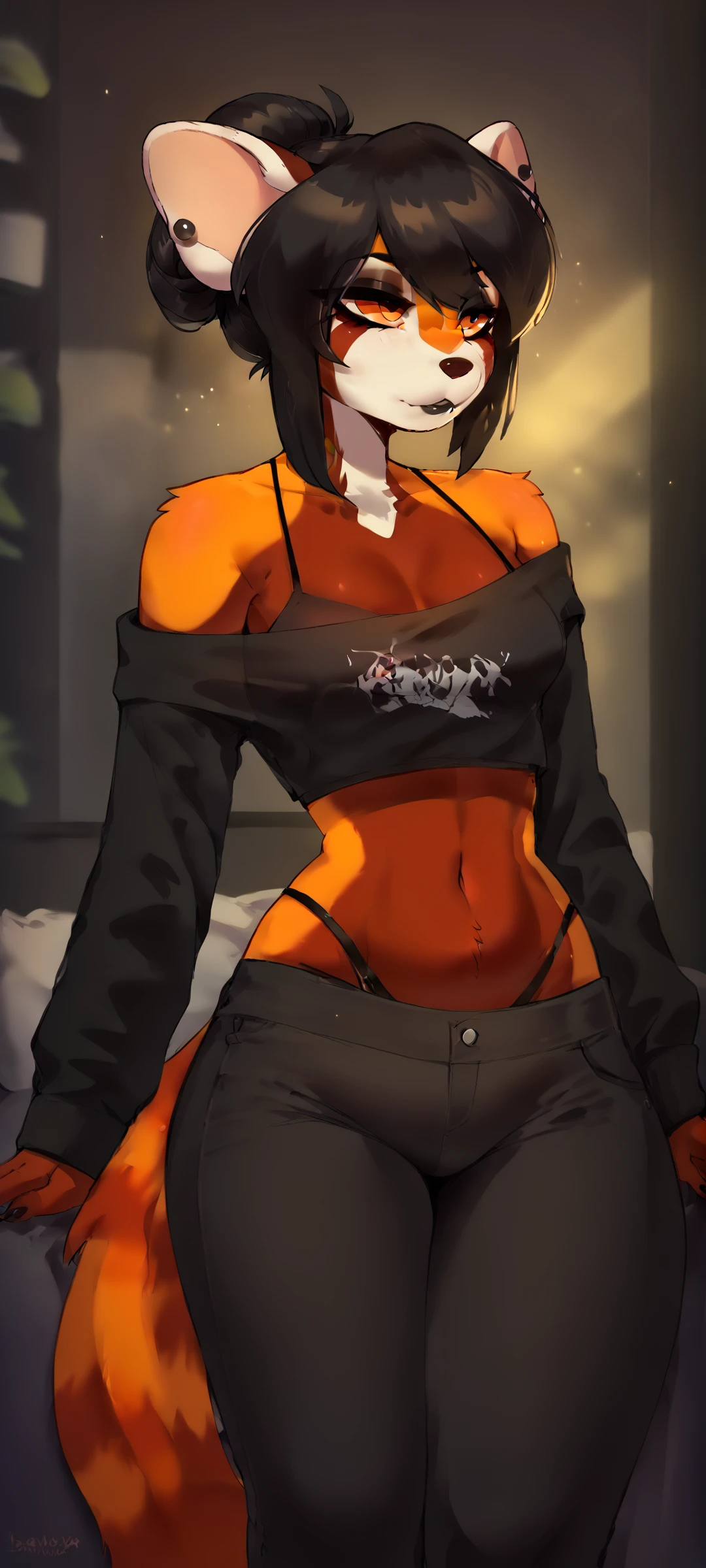 fire kitsune, add high definition_detail:1, blue fur,kitsune ears, tribal tattoo add_detail:1,pose in bed, scoating position during a full moon showing off her beautiful figure and her outfit (black blouse bare shoulders, he lowers his pants ) sweaty body add_details:1, smiling add_detailsl:1, ear piercing add_detail:1, scoating position on bed add_detail, horny girl add_detail:1, seductive position add_detail:1, red saturation, photography style lighting add_detail:1, the best definition in your eyes add_detail, intense yellow iris add_detail:1