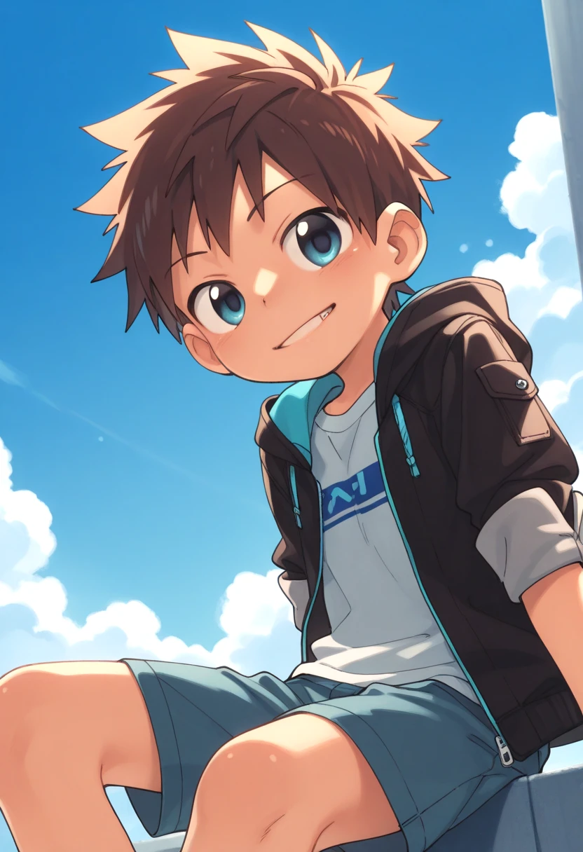 <lora:cutifiedanimecharacterdesign_variant_type_D_IL_v10:1>
type-d, solo, looking at viewer, smile, blue eyes, brown hair, shirt, 1boy, sitting, jacket, male focus, outdoors, sky, shorts, day, cloud, hood, mischievous grin, blue sky, hoodie, spiked hair,