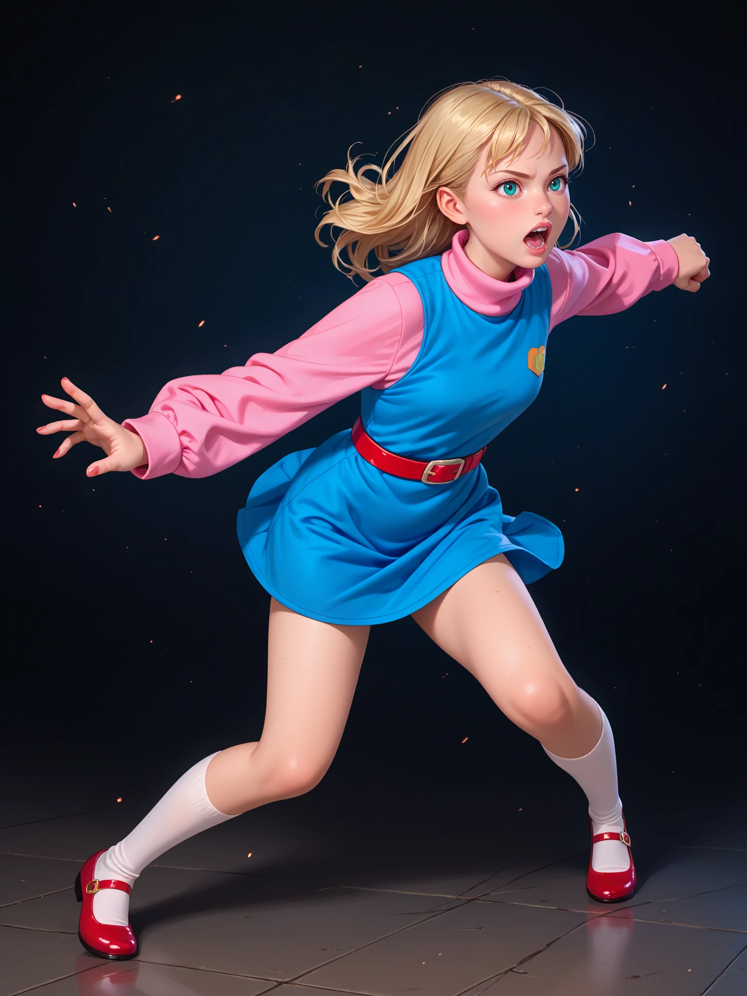 <lora:PonyXL_Venkydraws_Style_LoRA:1> v3nky, score_9, score_8_up, score_7_up, score_6_up, 
1girl, solo <lora:JAV_Sentai_Cosplay_Costume_-_SPSA-85a:0.6> spsa-85a, (blue dress:1.3), pink shirt, long sleeves, turtleneck, white and red belt, socks, red mary janes, action pose