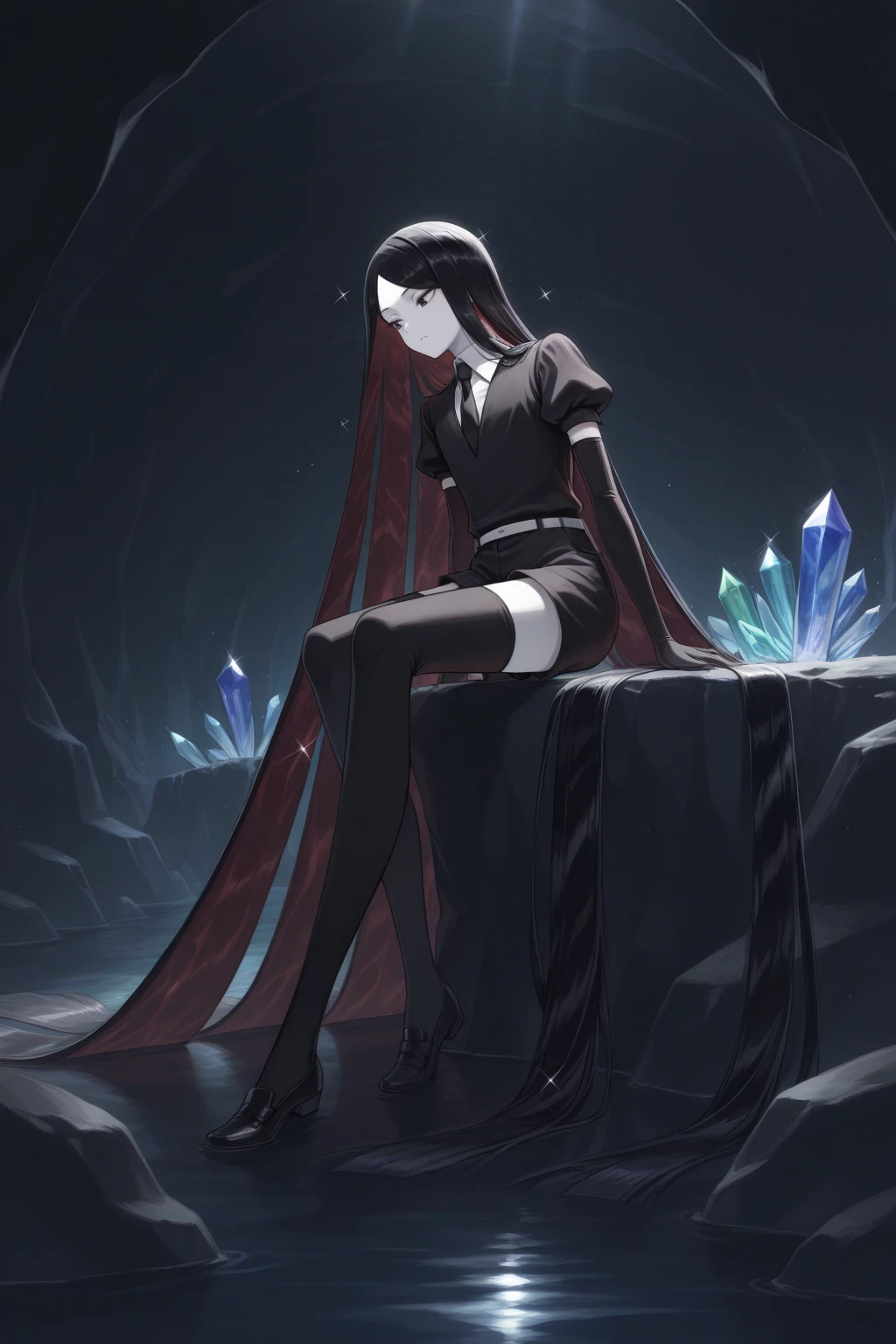 masterpiece, best quality, from side, looking down, pensive, looking to the side, 1other, hnkbrt, colored skin, white skin, black eyes, crystal hair, black hair, colored inner hair, absurdly long hair, black hair, colored inner hair, parted bangs, absurdly long hair, black shirt, puffy short sleeves, wing collar, black necktie, white belt, black shorts, elbow gloves, black gloves, black thighhighs, black footwear, sitting, indoors, cave, water, dark room, crystal, gem, sparkle, shiny, <lora:Hoseki_LandOfTheLustrous_Bort_IllustriousXL_v1:1>