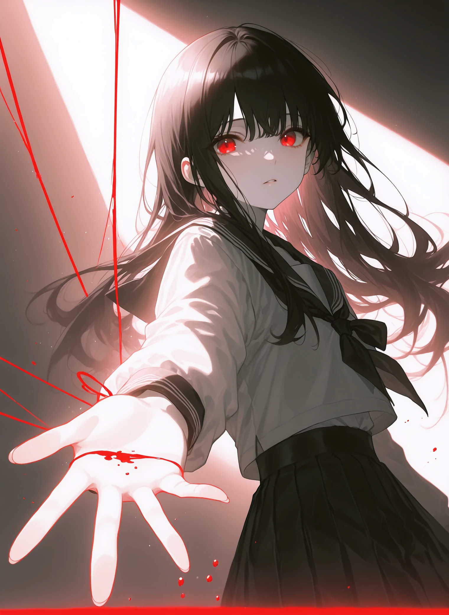 young girl, short, extremely long straight black hair with long bangs covering eyes, pink eyes, wearing a sleeveless white dress, shy, forest