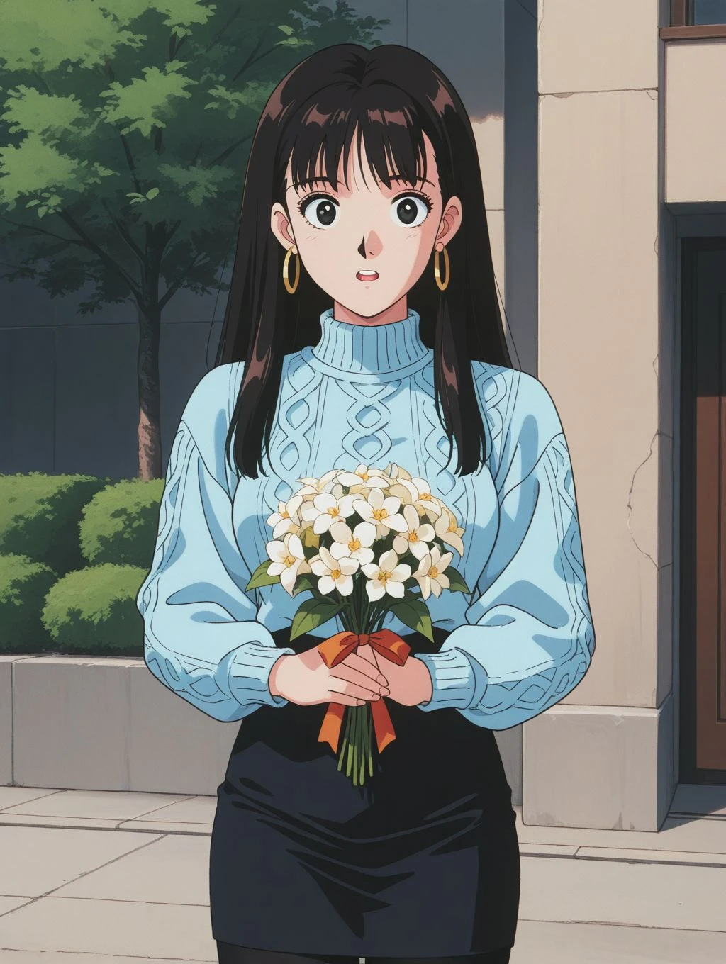 masterpiece, best quality, newest, absurdres, highres, detailed eyes, beautiful, detailed background, perfect eyes, anime coloring, 1990s \(style\), 1girl, solo, mihashi haruko, black hair, long hair, bangs, sidelocks, black eyes, medium breasts, hoop earrings, blue turtleneck sweater, knit sweater, untucked, long sleeves, black pencil skirt, black leggings, (holding flower bouquet:1.2), looking at viewer, open mouth, teeth, (outdoors), <lora:haruko_roujinz_illus-06:0.8>