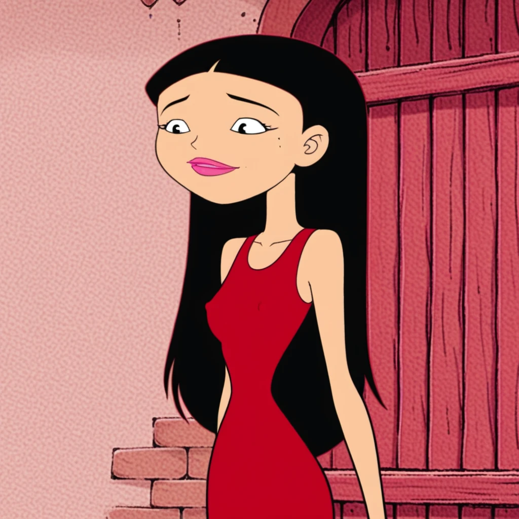 score_8_up, score_7_up, score_6_up, BREAK, source_anime, masterpiece, best quality, aged up jasminenolan, black hair, long hair, black eyes, beauty mark under left eye, black eyebrows, pink lipstick, nail polish, pink finger nails, smiling, parted lips, night, covered nipples, sleeveless, red dress, long dress, hueytown alabama, 34 years old, solo, 1girl, turning to face viewer, large breasts, breast, covered nipples, navel, collarbone, slender, wide hips, narrow waist, flat chest, adult female, thighs, legs, wide hips, flat chest, upper body, standing, detailed background, retro artstyle, 2000s style, <lora:<lora:jasmine-nolan-american-dragon-jake-long-s1-0.9>