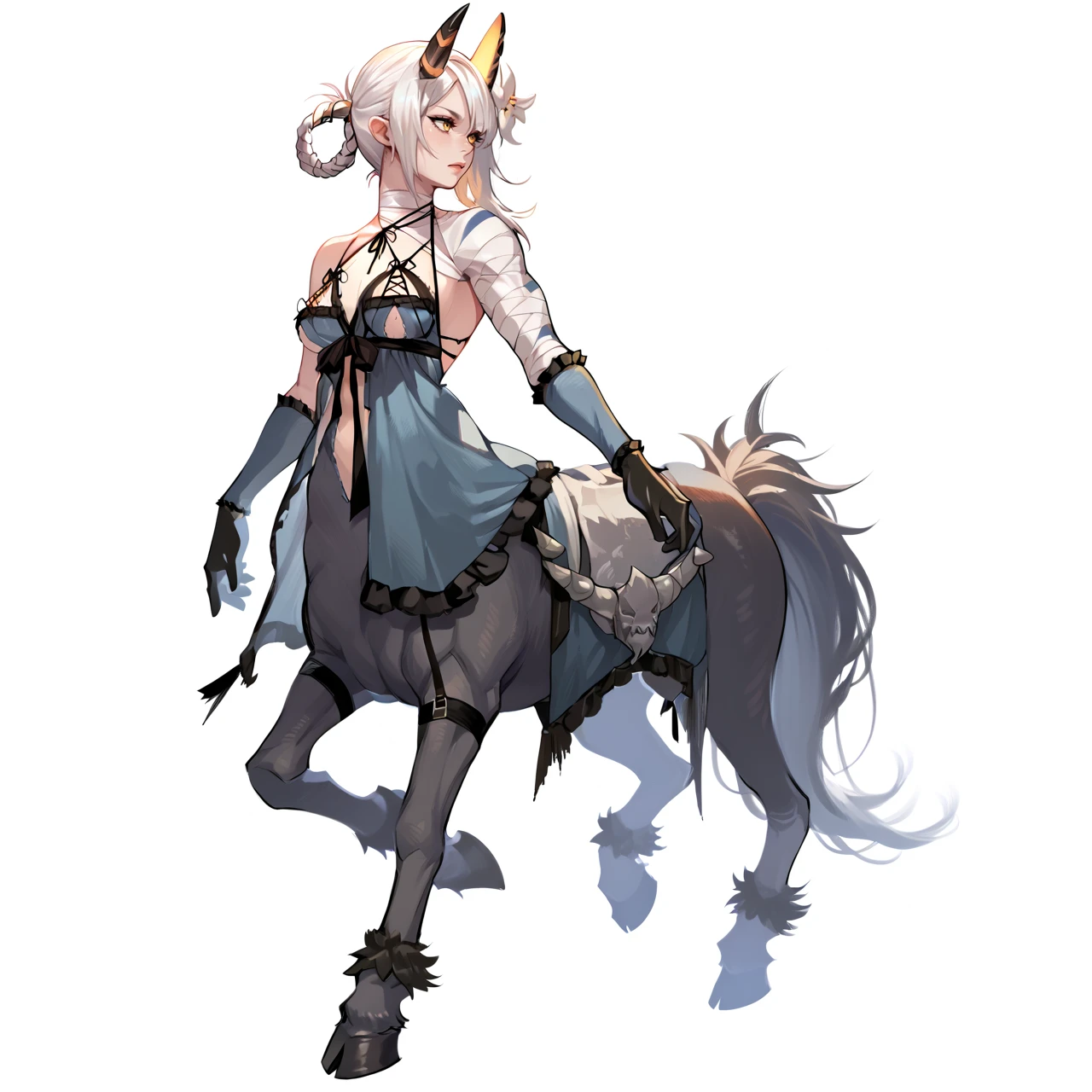 ASCII (centaur:1.4), (masterpiece, best quality:1.4), white tomboy hair, (young perfect face:1.4), (small_breasts:1.3), (slender slim body:1.3), (small waist:1.3), (perfect black eyes:1.2), full body, ((steampunk)), nun outfit, knight, ((godlike)), ((gears)), pointy feet, navy fur, blue white patterns, <lora:wolong_v1-000012:0.4>, blank background