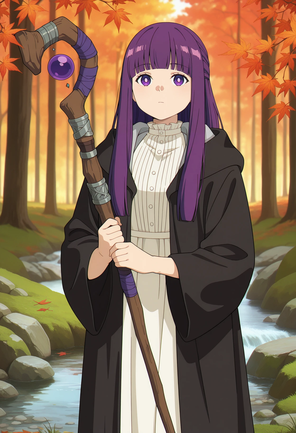 anime screencap, masterpiece, best quality,
<lora:SousouNoFrieren_Fern_IlluXL:0.9>,
1girl, solo, closed mouth,
purple hair, long hair, purple eyes, bright pupils, blunt bangs,
FernCasual, striped dress, white dress, black robe, open robe, hood down, frilled collar,
holding staff,
standing, looking at the viewer,
fantasy, medieval, photo background, forest, tree, moss, stream, stone, leaf, maple tree, grass, nature, blurry background
