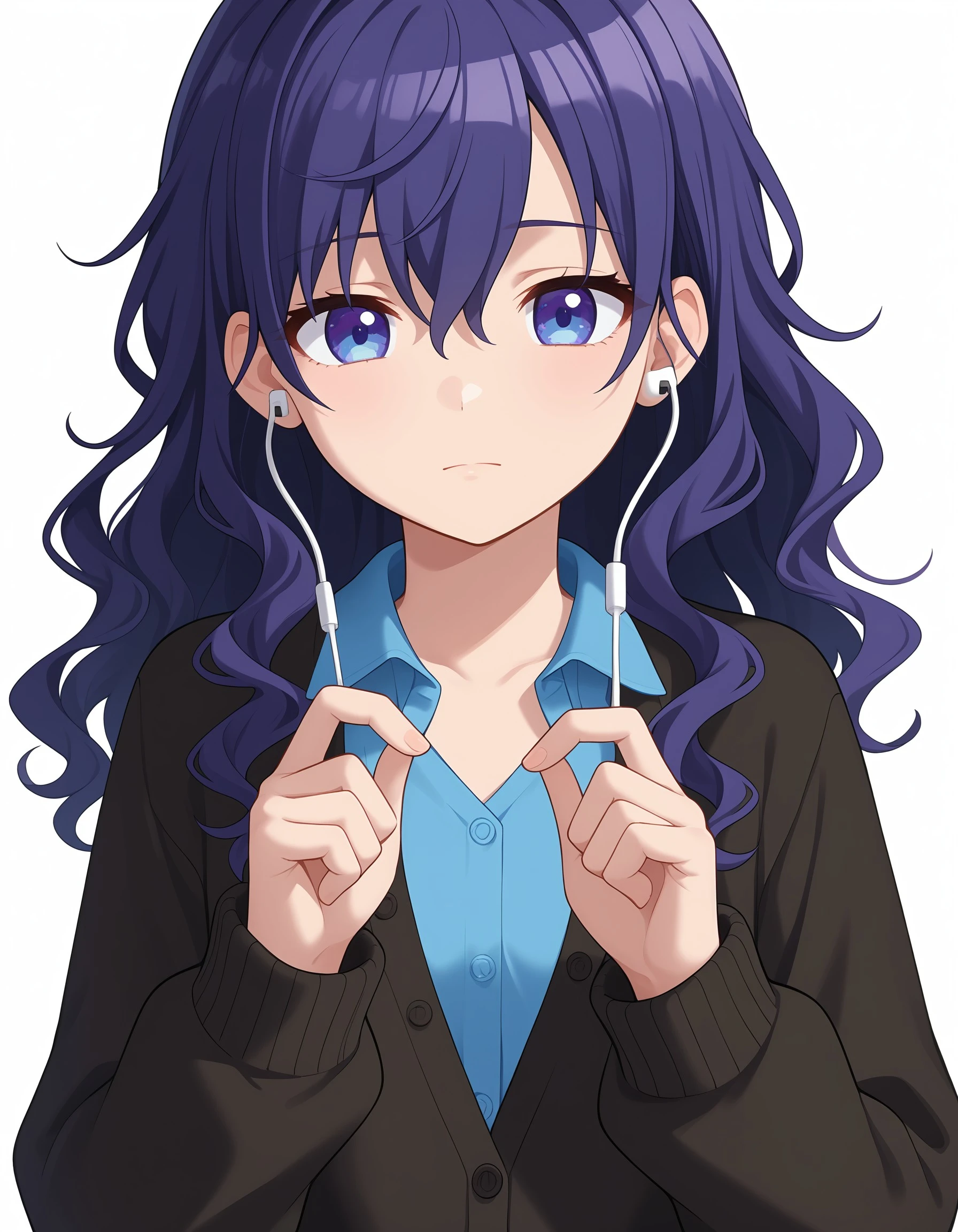 (masterpiece), best quality, expressive eyes, white background, simple background, holding, upper body, shirt, earphones, long sleeves, open clothes, cardigan, closed mouth, hair between eyes, hands up, wavy hair, mafuyu, blue eyes, purple eyes, <lora:9258ed08-a5b4-4334-aafd-574b14e8fd7a:0.7>