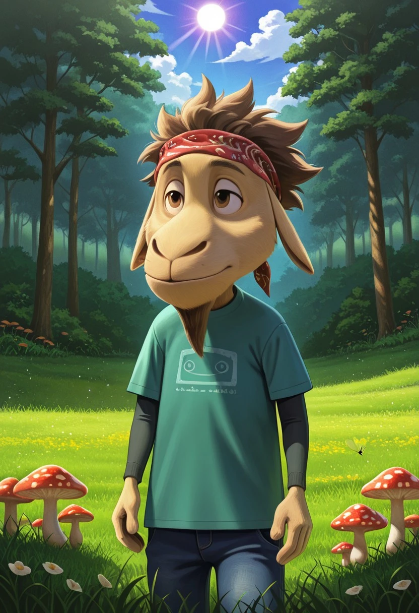 score_8, score_9_up, BPHM, masterpiece, high budget, high quality, 16k, 8k, 4k,
(realistic), ultra high quality, character detail,
background detail, particles, (dust), ((colorful)),
smooth lines, 2D, character detail,
face detail, muzzle detail,
character focus, fur detail,
furry characters, furry, anthropodog,
detailed in detail, ultra detailed, SOLO,
BREAK
Posing against a forest, trees, sun, air, flowers,
(mushrooms), ((fly agarics)), grass, water, clouds, (rays),
BREAK
rock dog, germur, furry, boy, a male goat, male goat with yellowish-brown fur, brown eyes and tousled light brown hair, he is wearing a turquoise T-shirt with a picture of a cassette tape over a darker long-sleeved shirt, blue jeans and a red bandana on his head